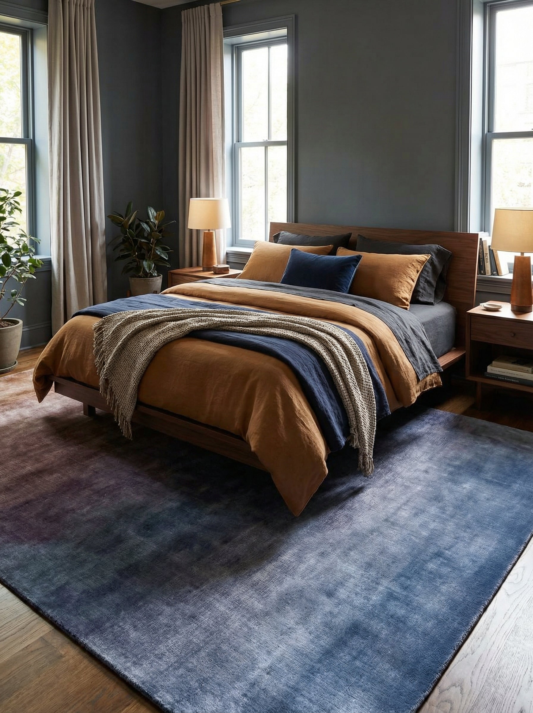 Tapis rectangulaire bleu dans une chambre à l'ambiance harmonieuse. Style de la pièce: couleurs chaudes et sombres