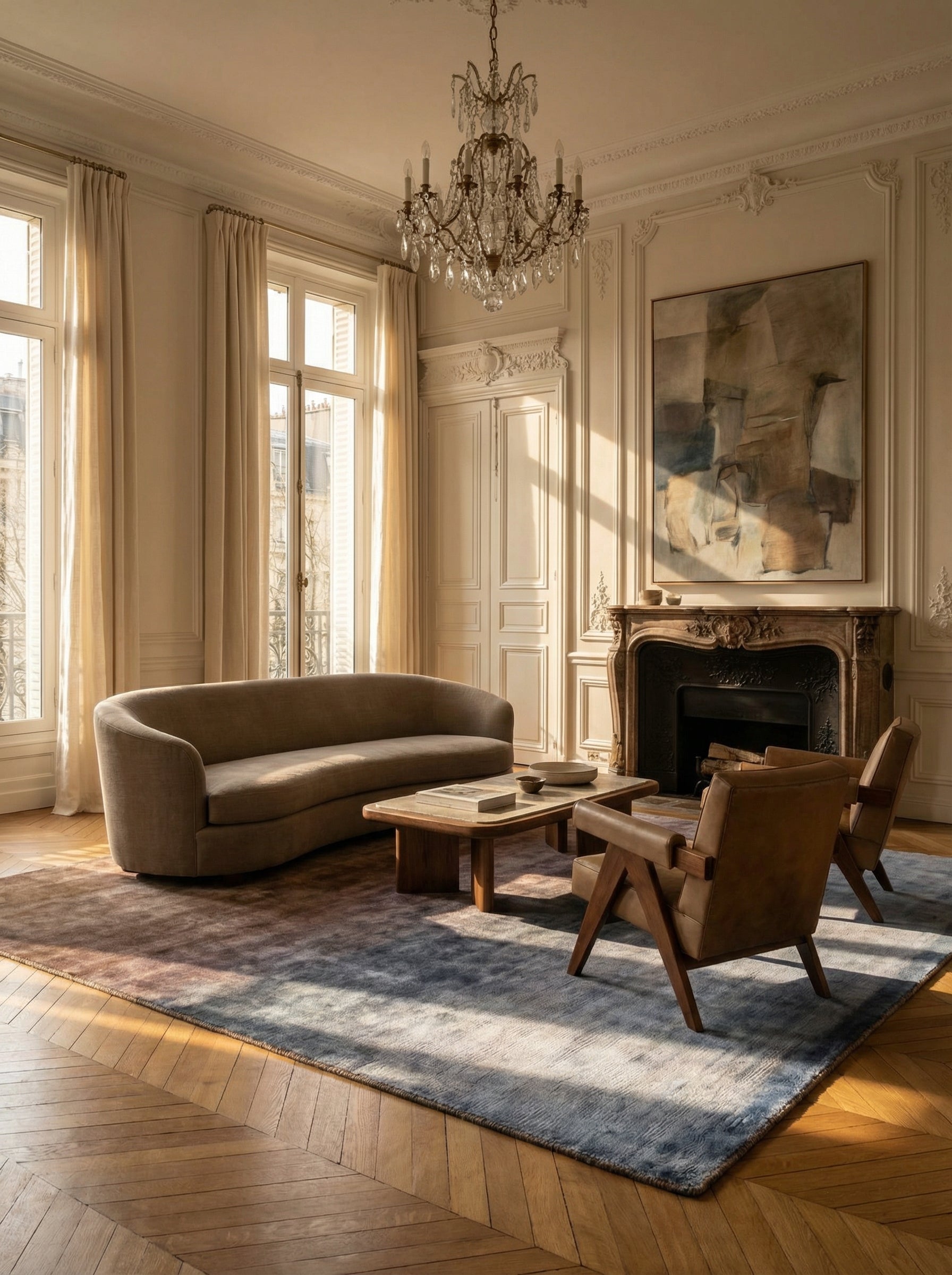 Tapis rectangulaire terracotta et bleu, élégance dans un salon classique. Ambiance chaleureuse, style intemporel