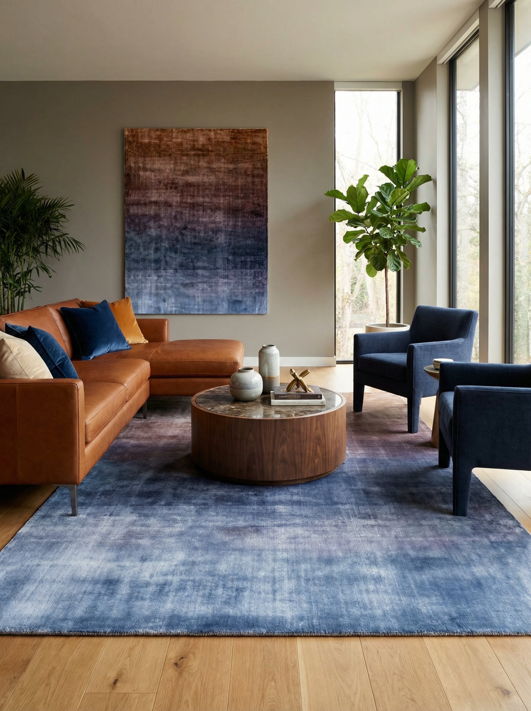 Tapis rectangulaire bleu et terracotta, design épuré. Style contemporain dans un salon