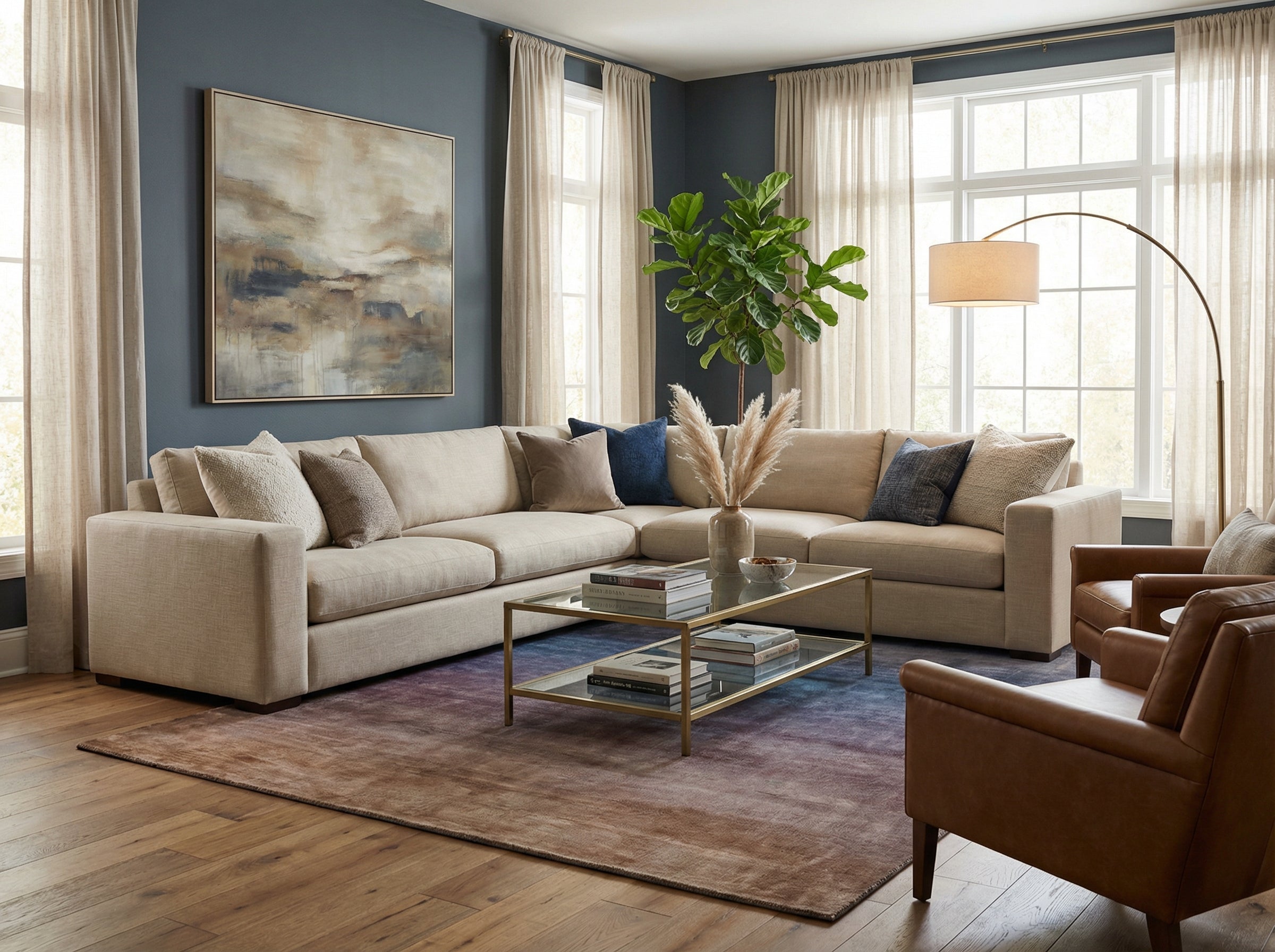 Tapis rectangulaire aux couleurs terracotta et bleu, dans un salon à l'ambiance chaleureuse et au style déco contemporain