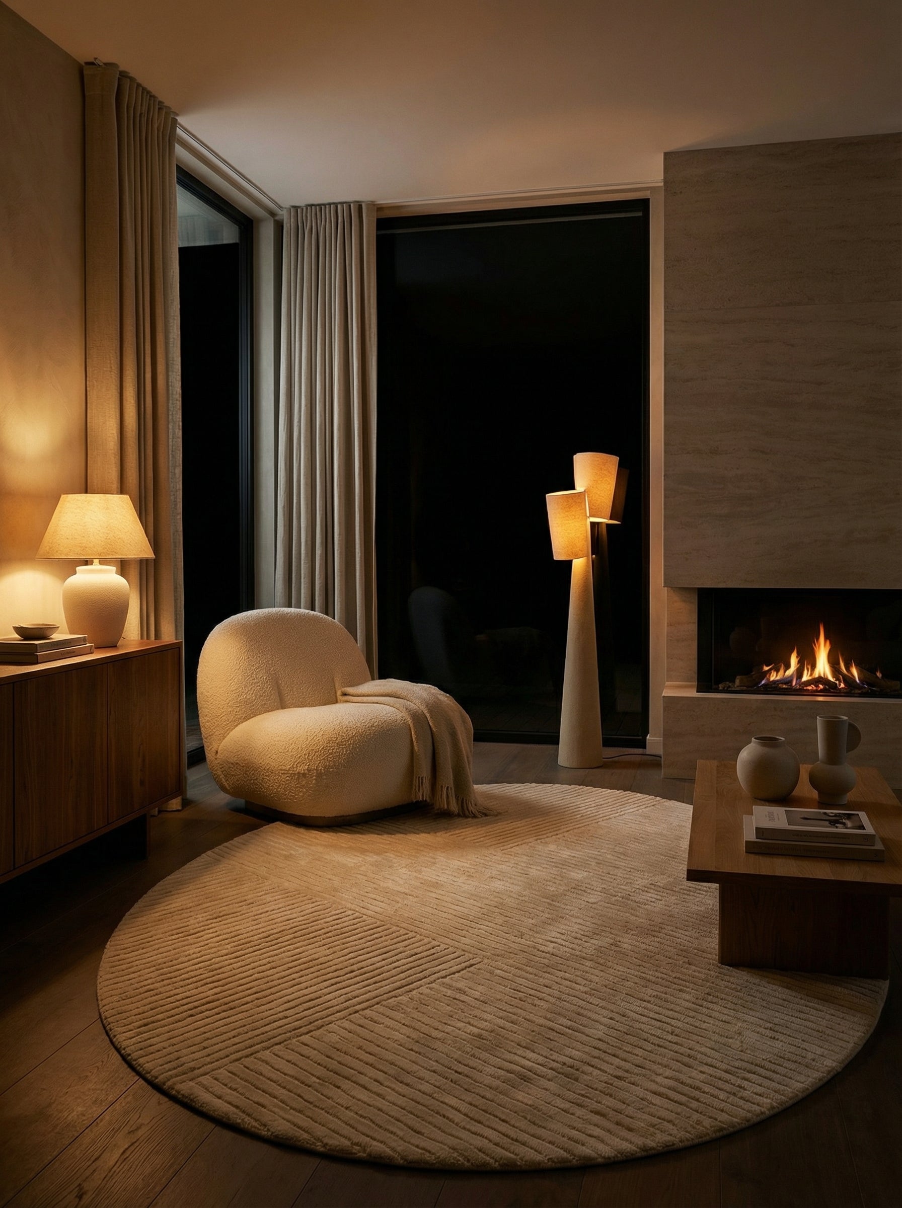 Tapis ovale ivoire dans une pièce. Lumière douce, chaleur