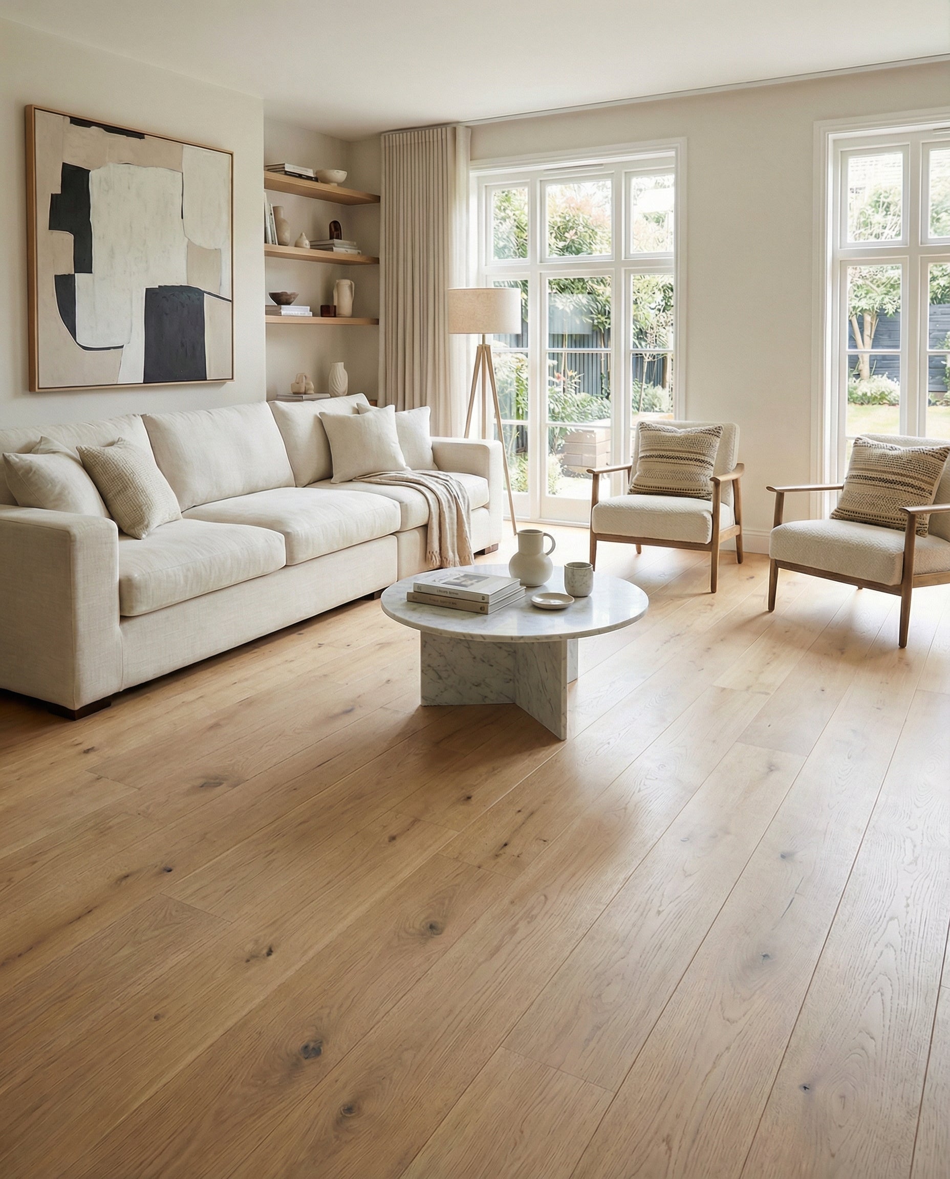 Pièce lumineuse. Sol en bois clair. Canapé ivoire. Deux fauteuils. Table basse ronde. Potentiel pour un tapis de type viscose