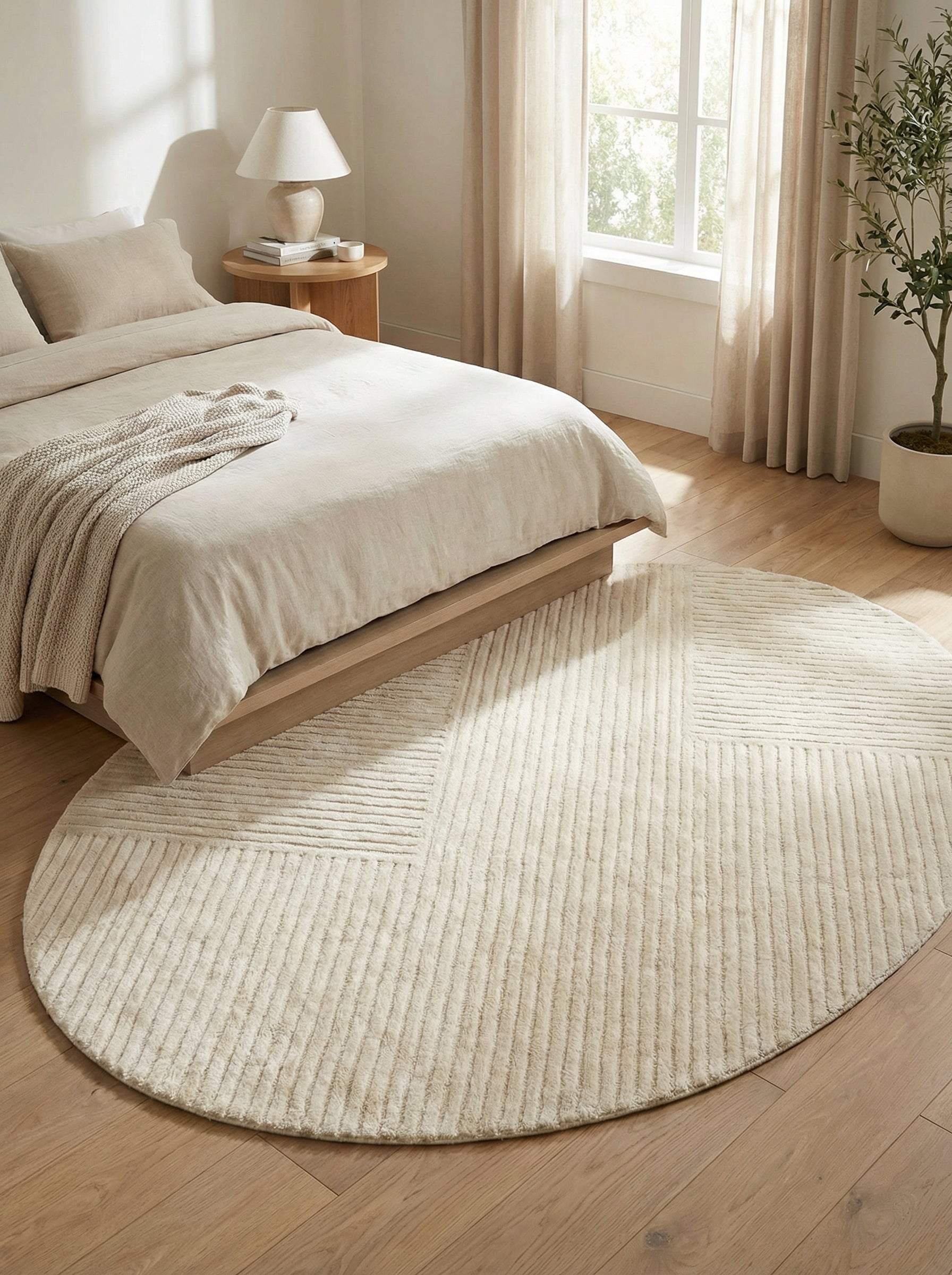 Tapis ovale ivoire dans une chambre. Ambiance apaisante. Type tapis en viscose. Pièce décorée