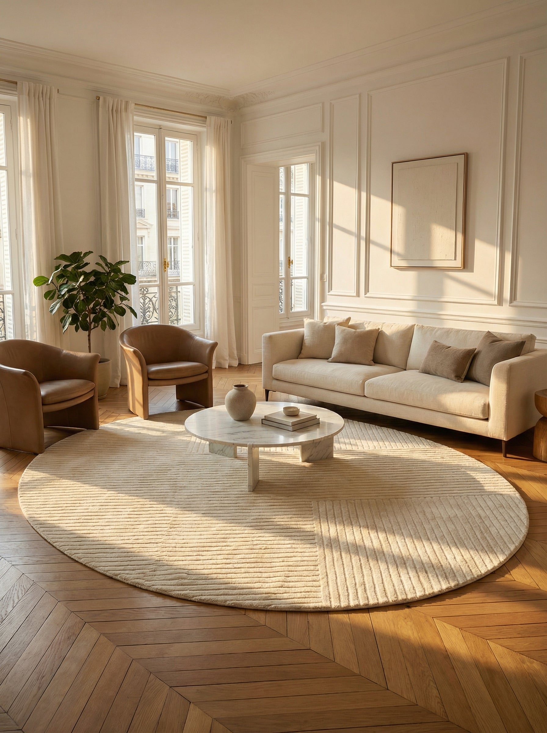 Tapis ovale ivoire en viscose dans une pièce haussmannienne, élégance classique