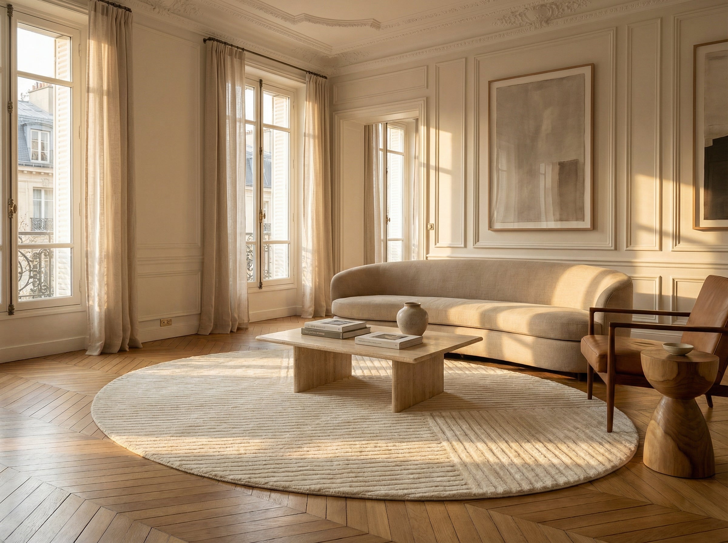 Style déco: classique. Ambiance: chaleureuse. Pièce: salon. Tapis ovale ivoire en viscose