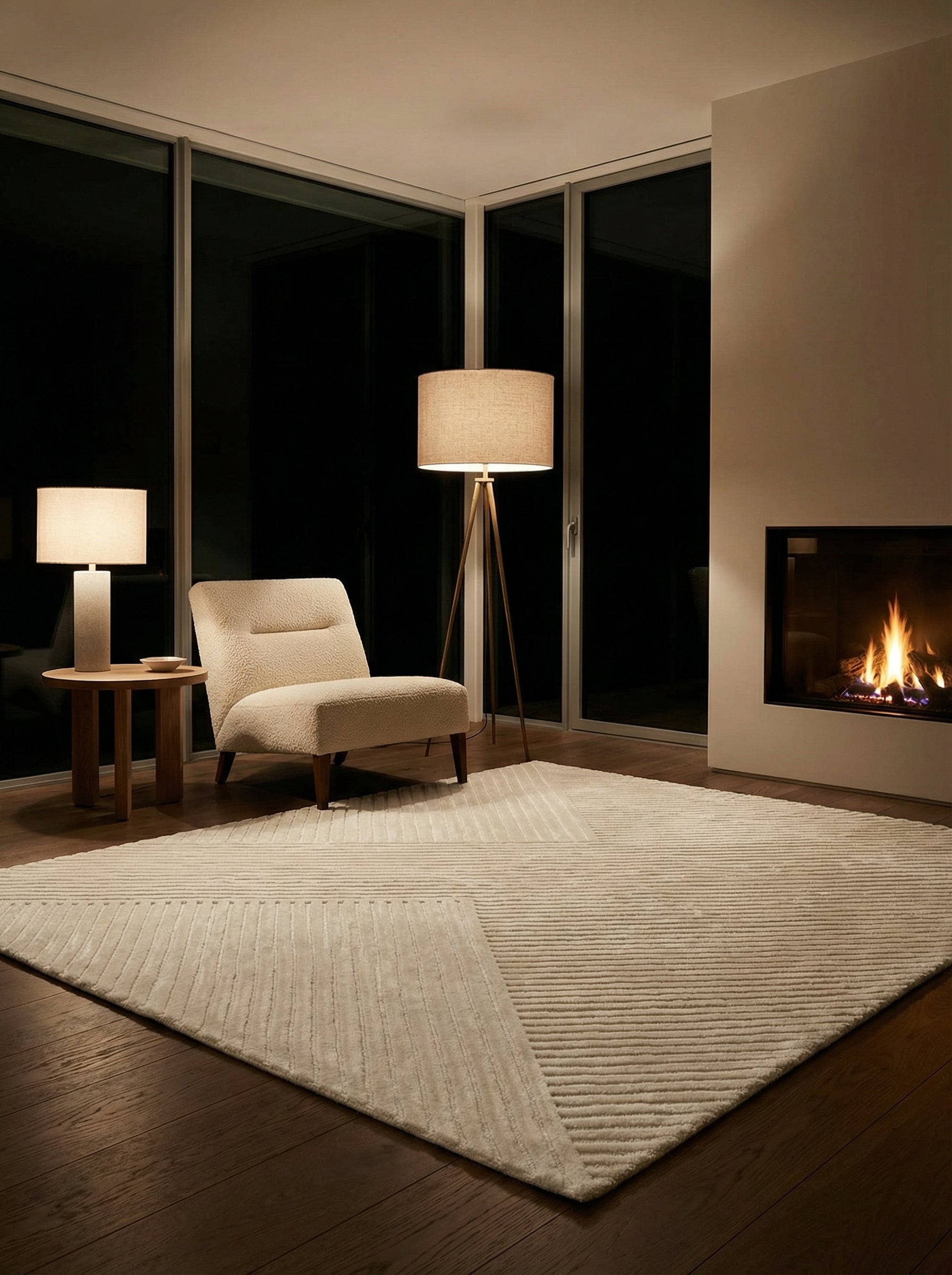 Tapis ivoire dans une pièce éclairée d'une douce lumière, chaleur du soir. Type tapis rectangulaire en viscose