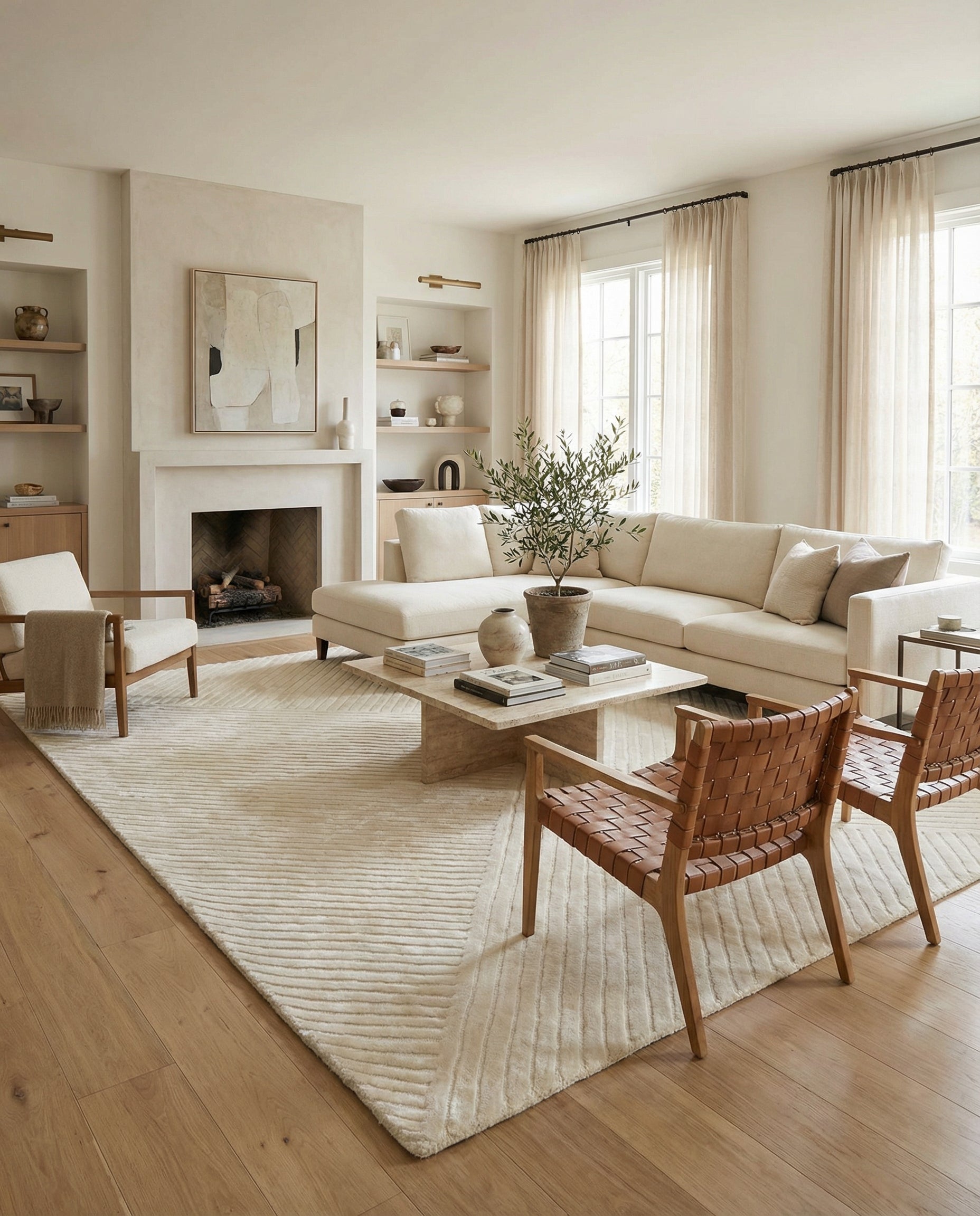 Tapis de type texturé, couleur ivoire, harmonie créée dans la pièce