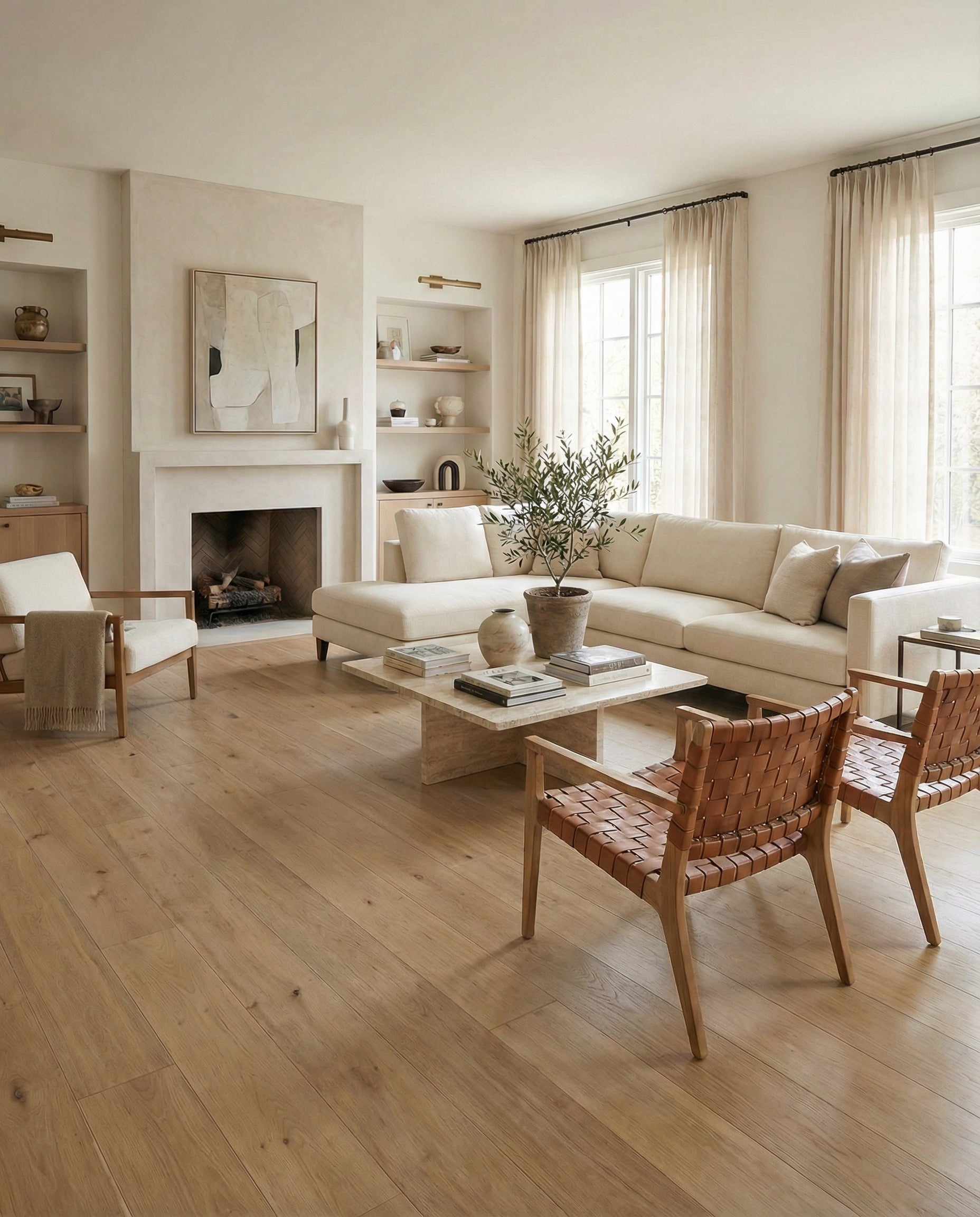 Pièce avec plancher en bois clair, potentiel tapis rond ivoire, canapé et fauteuils