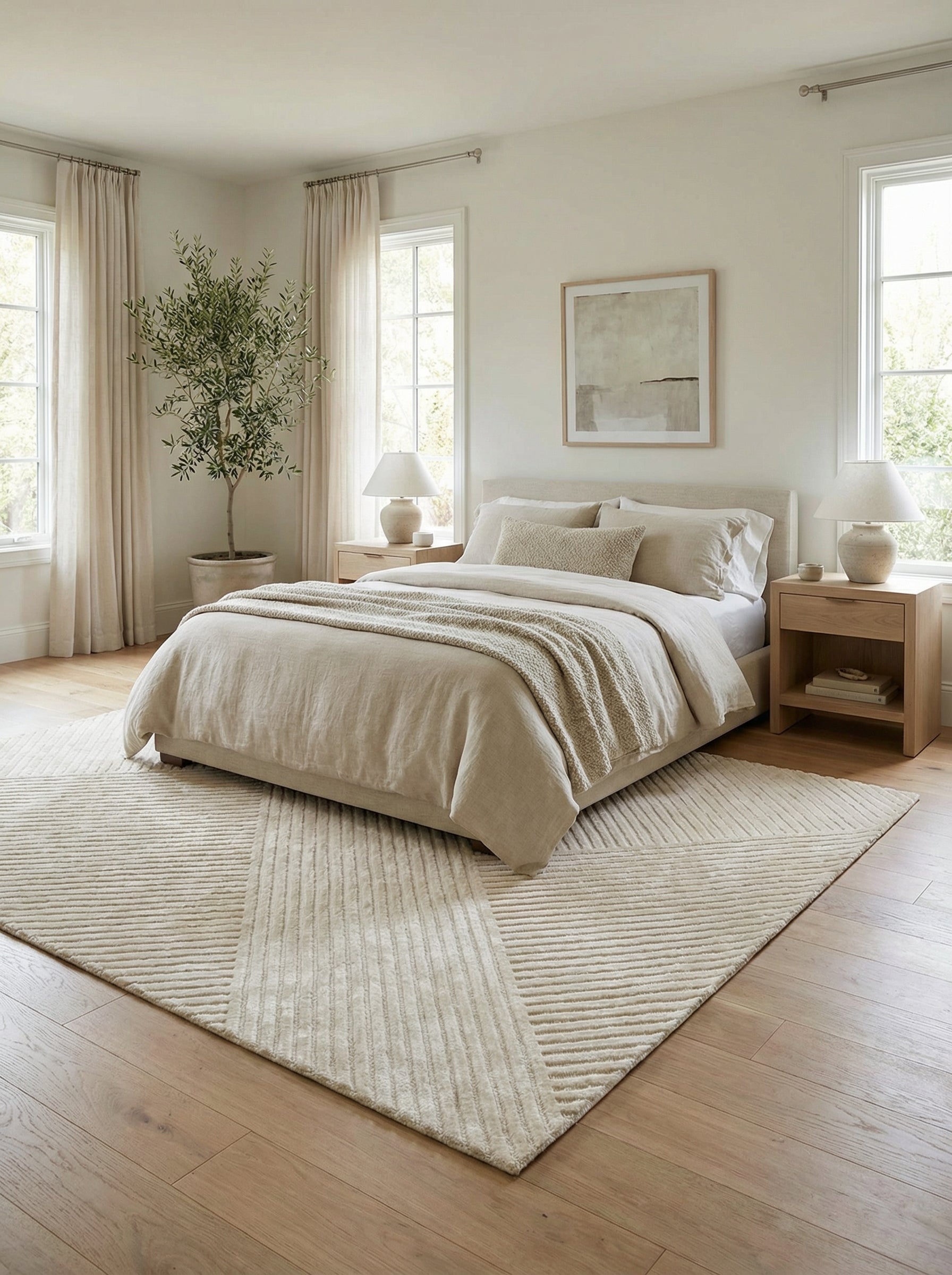 Tapis rectangulaire ivoire ambre dans une chambre, ambiance apaisante. Type: tapis à motifs. Pièce: chambre