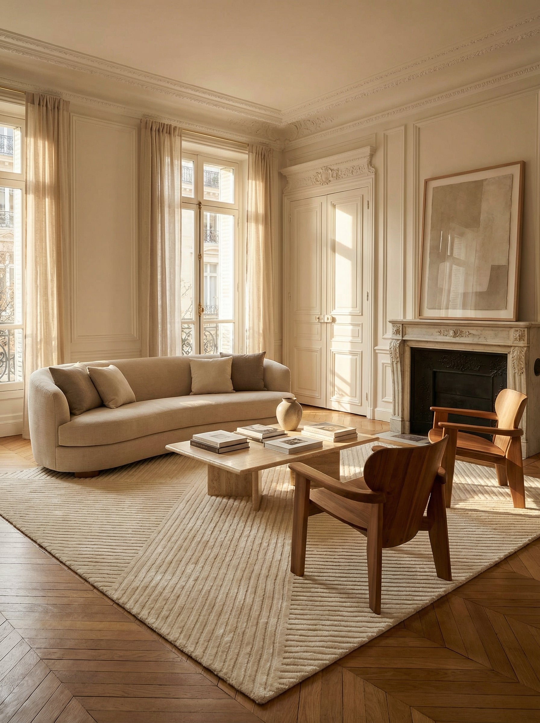 Tapis ivoire en viscose dans une pièce élégante classique. Motif géométrique