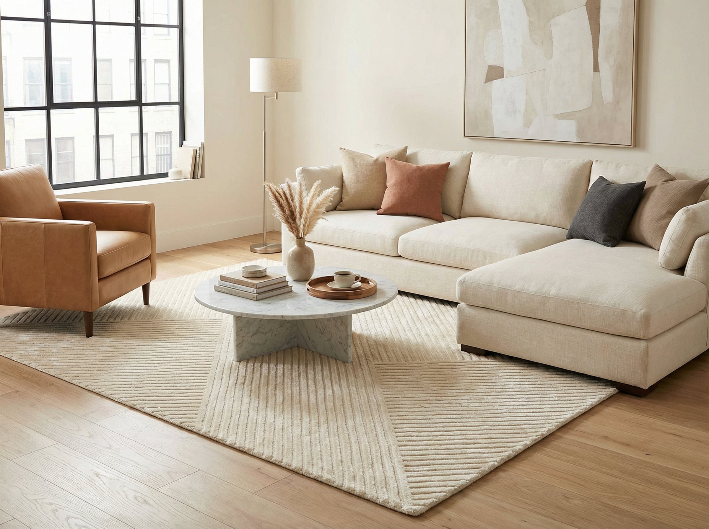 Style déco moderne, ambiance zen. Pièce lumineuse, tapis rectangulaire ivoire. Canapé, fauteuil cuir, table ronde