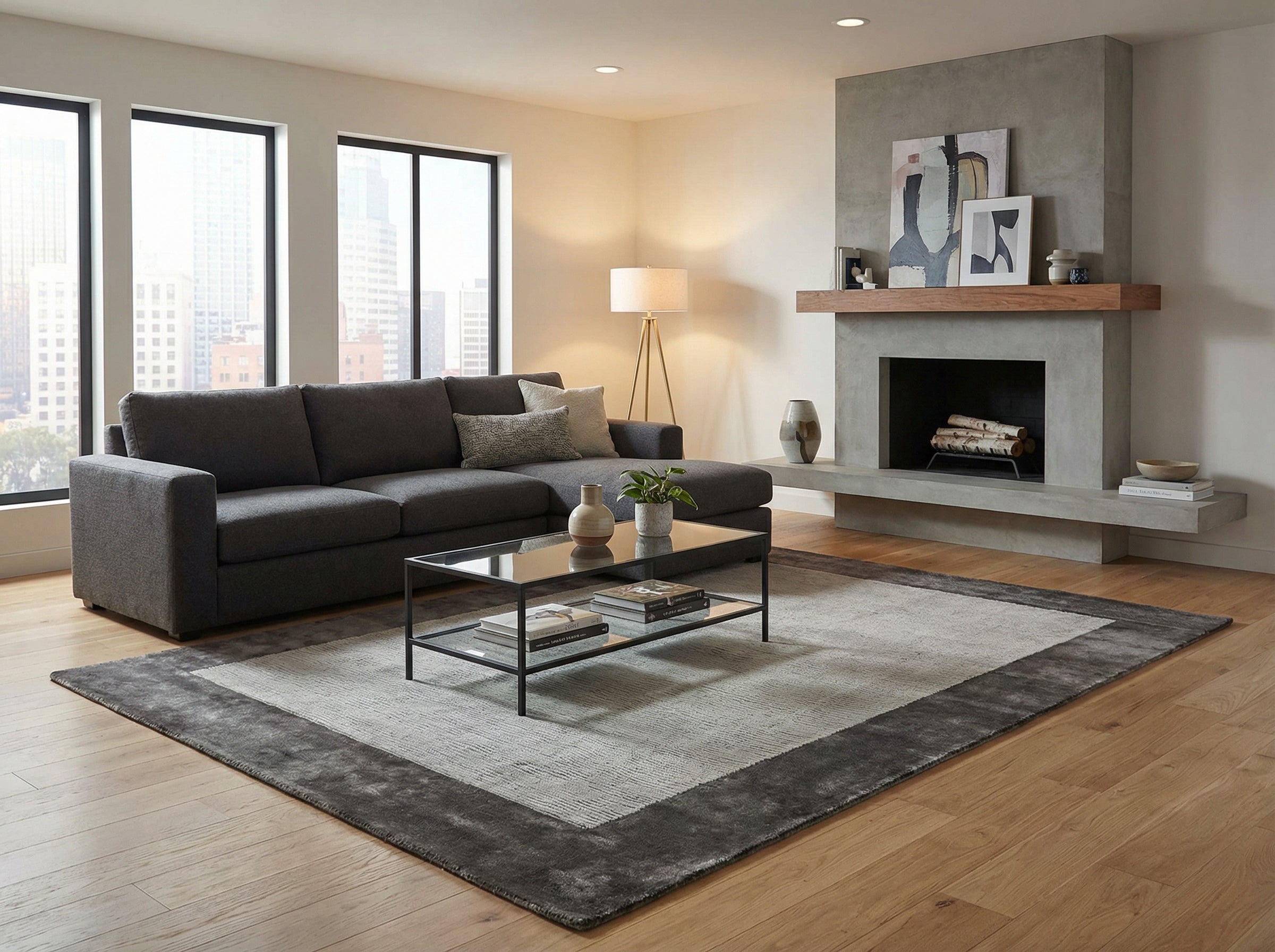 Style déco contemporain, ambiance chaleureuse. Pièce avec canapé gris, tapis rectangulaire à bordure foncée, sol bois clair