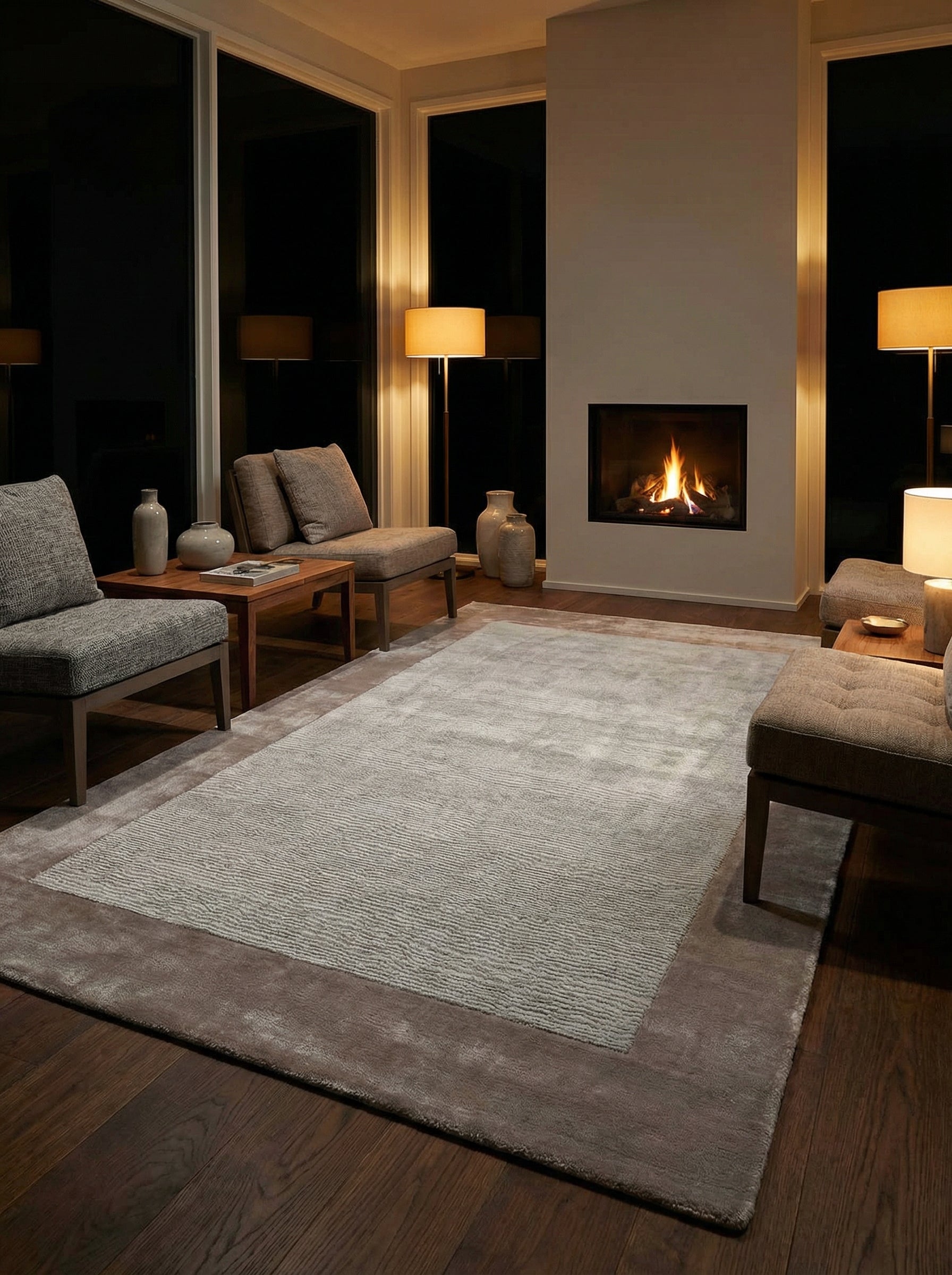 Tapis rectangulaire gris, pièce chaleureuse éclairée par une lumière douce le soir