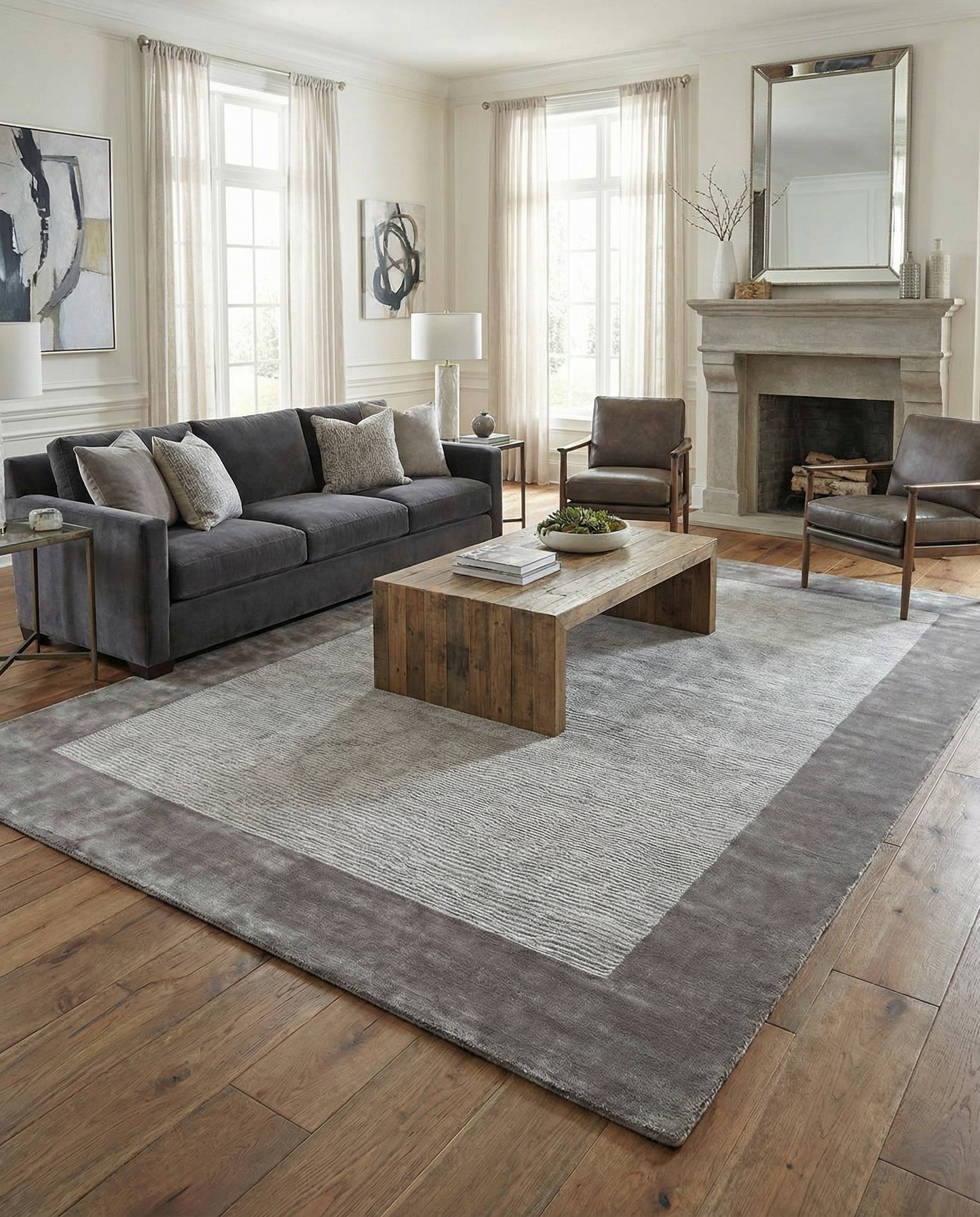 Tapis rectangulaire gris crée harmonie dans la pièce. Le type de tapis est en viscose