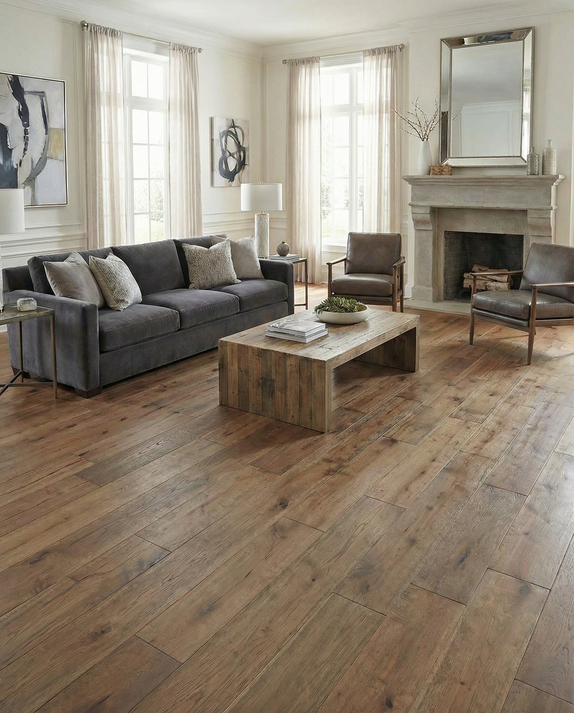 Pièce avec plancher de bois. Potentiel pour un tapis de type rond, couleur gris