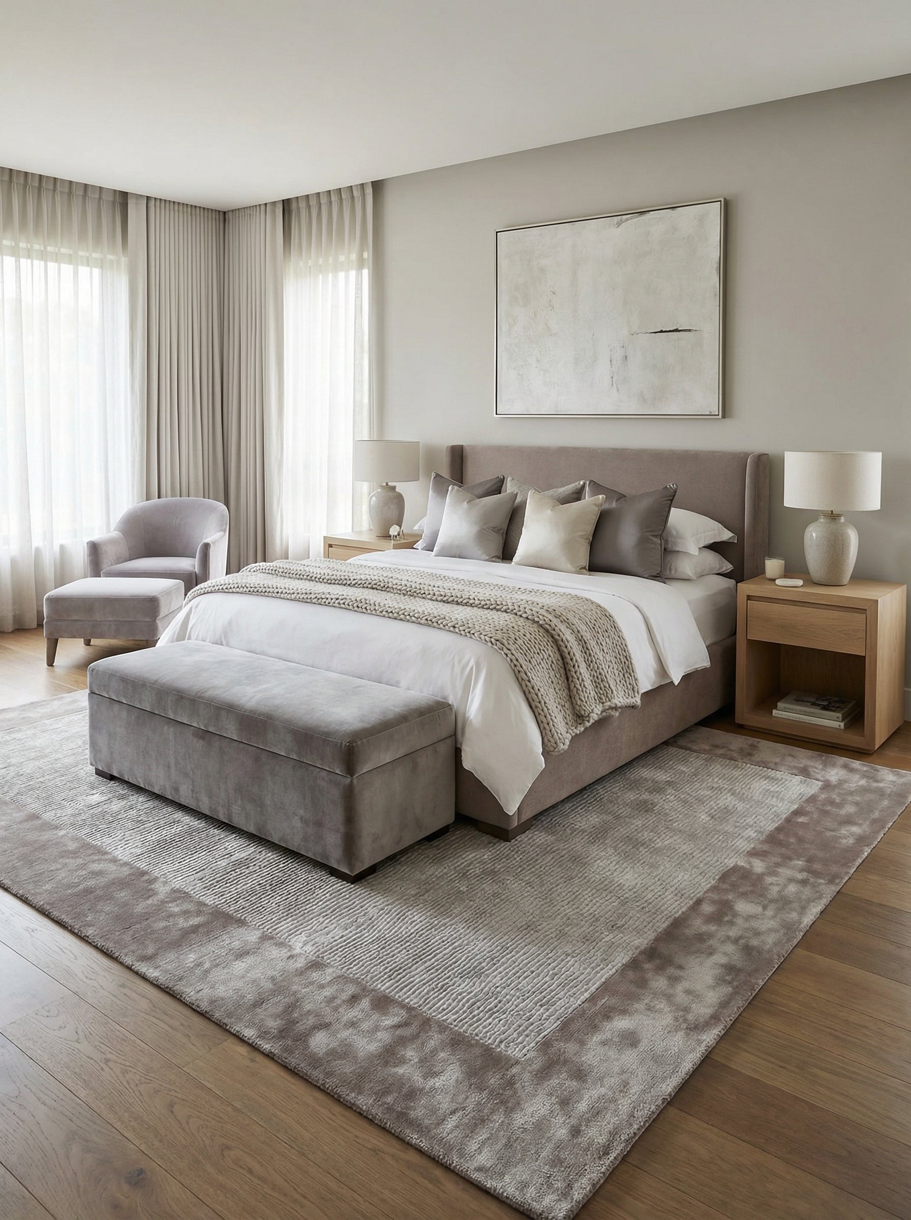 Tapis rectangulaire gris ambre dans une pièce apaisante, en viscose