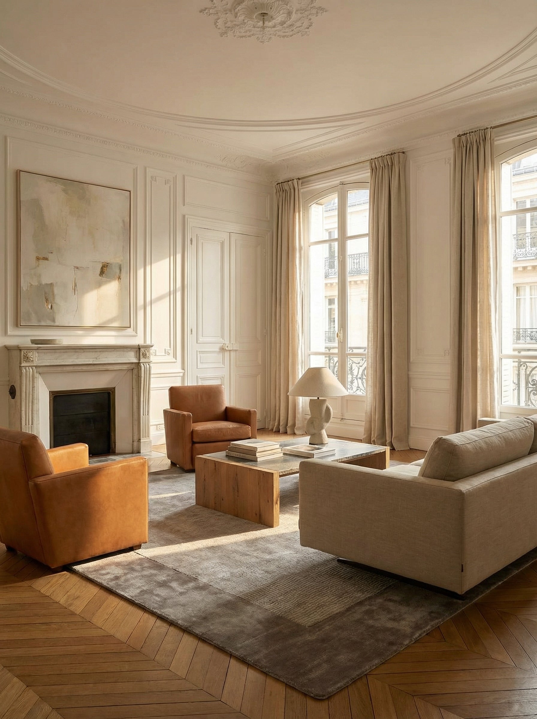 Tapis rectangulaire gris en viscose, pièce élégante. Intérieur haussmannien classique