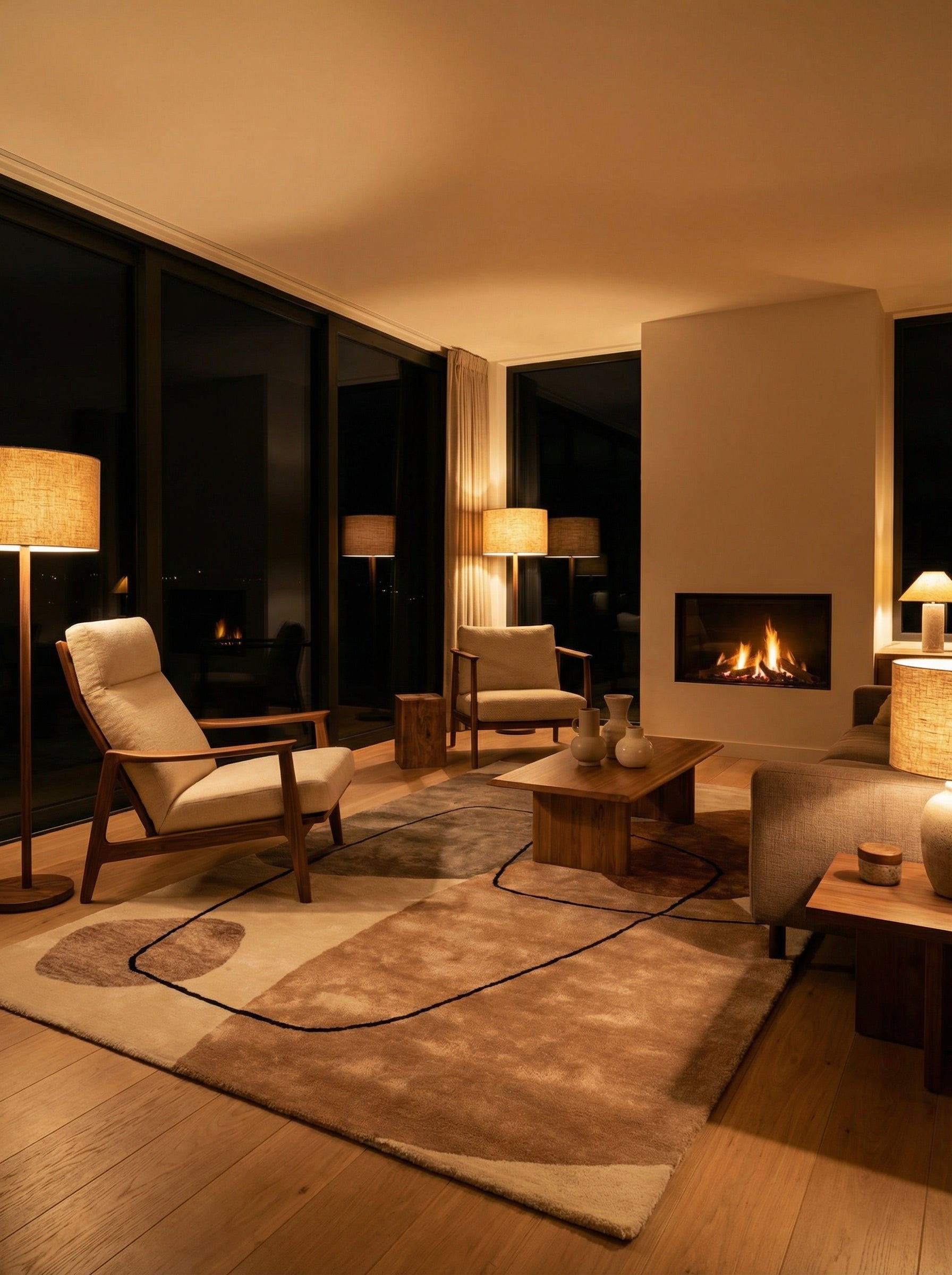 Tapis rond beige terracotta, pièce chaleureuse, lumière douce, ambiance soir