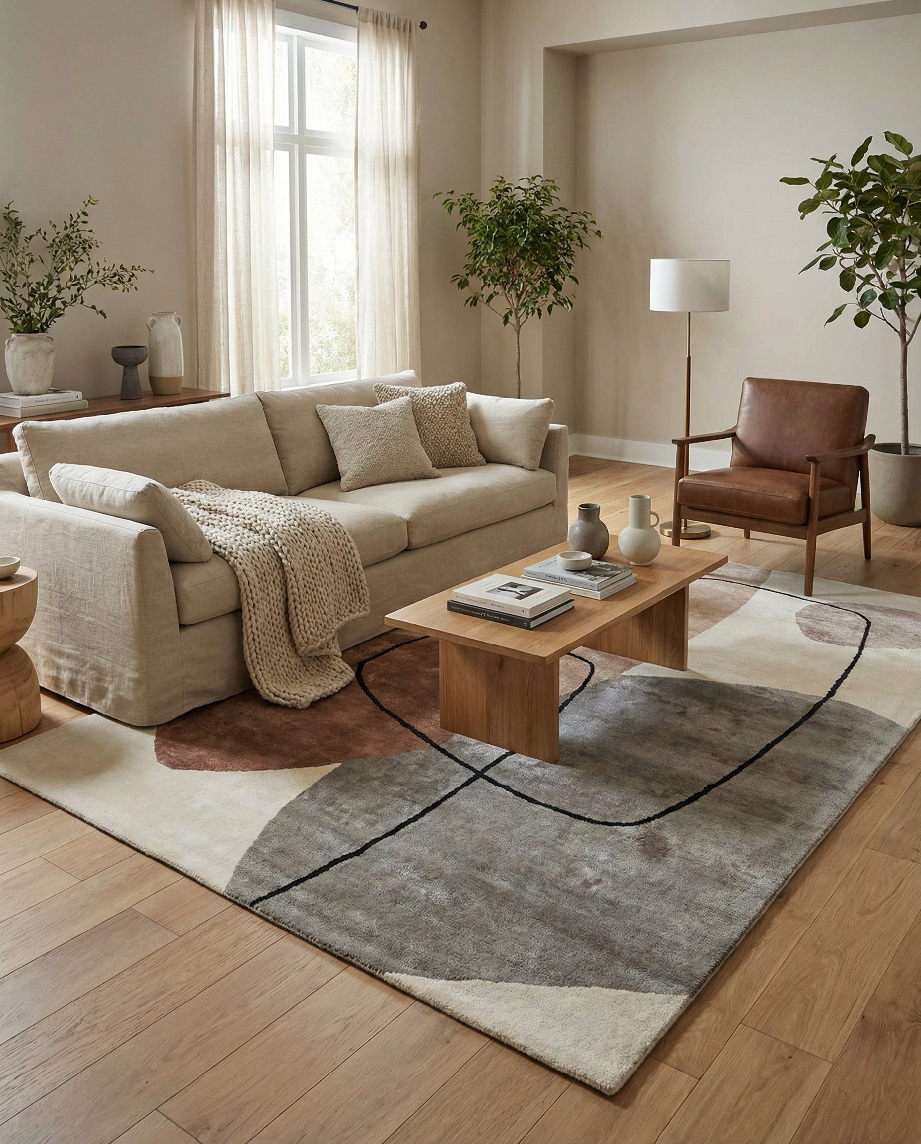 Tapis rond, couleurs neutres, harmonie créée dans cette pièce