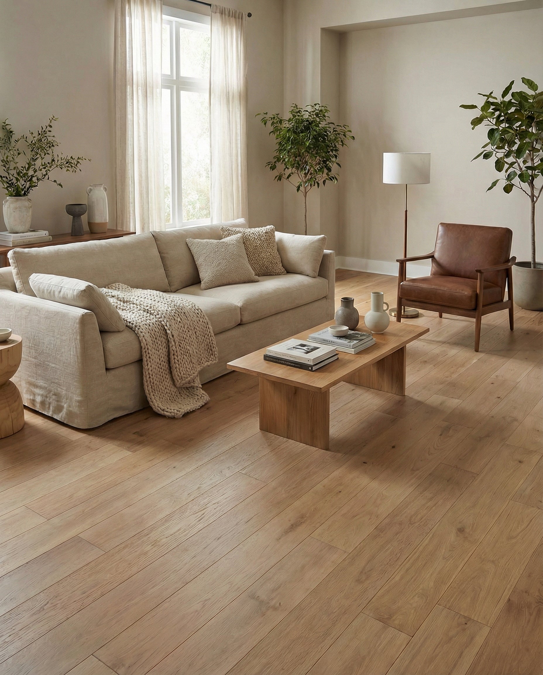 Pièce: parquet clair, canapé, fauteuil cuir, plantes. Potentiel: tapis rond beige terracotta