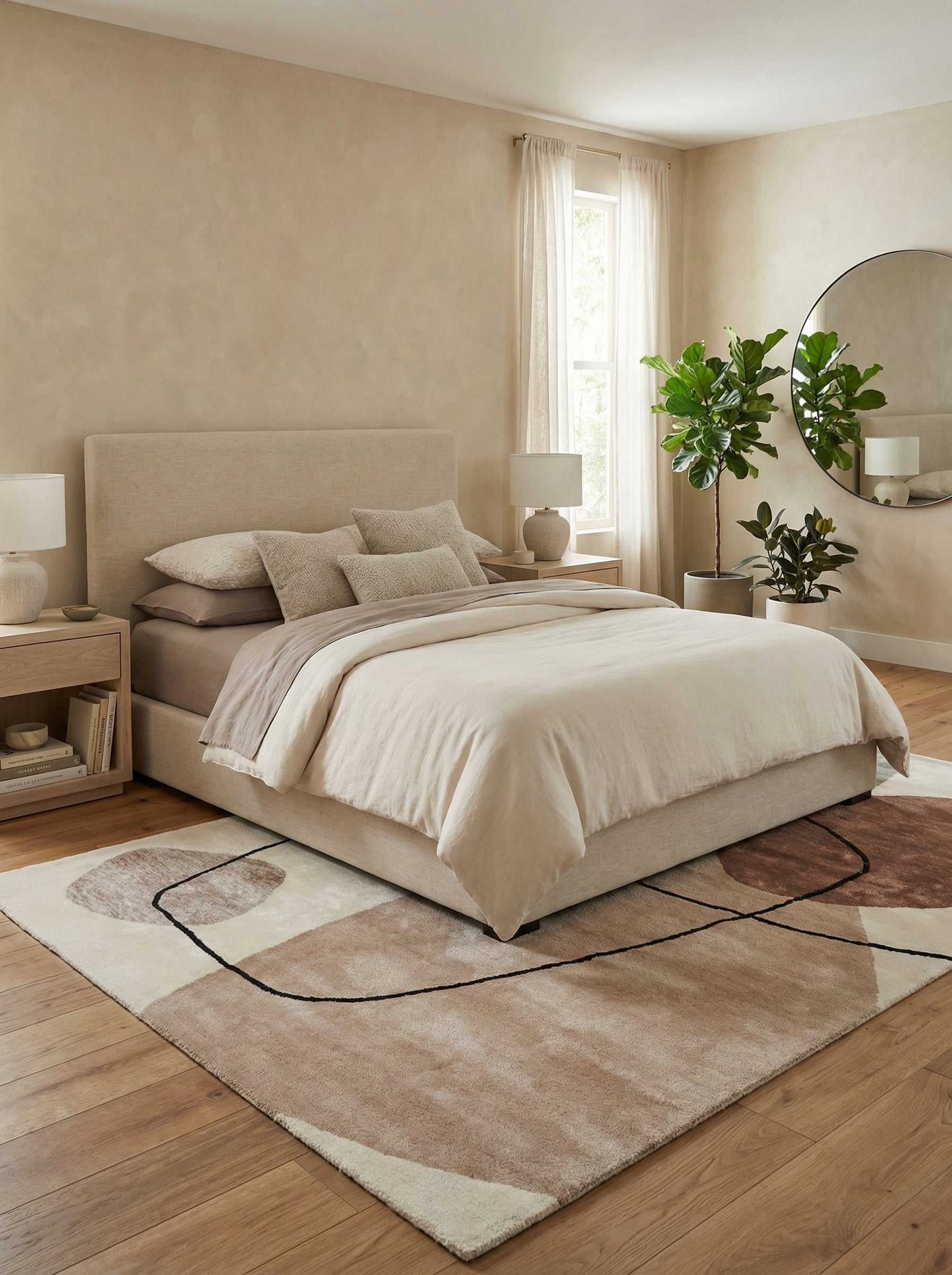 Tapis rond/ovale beige terracotta dans une pièce. Ambiance apaisante. Type tapis en viscose