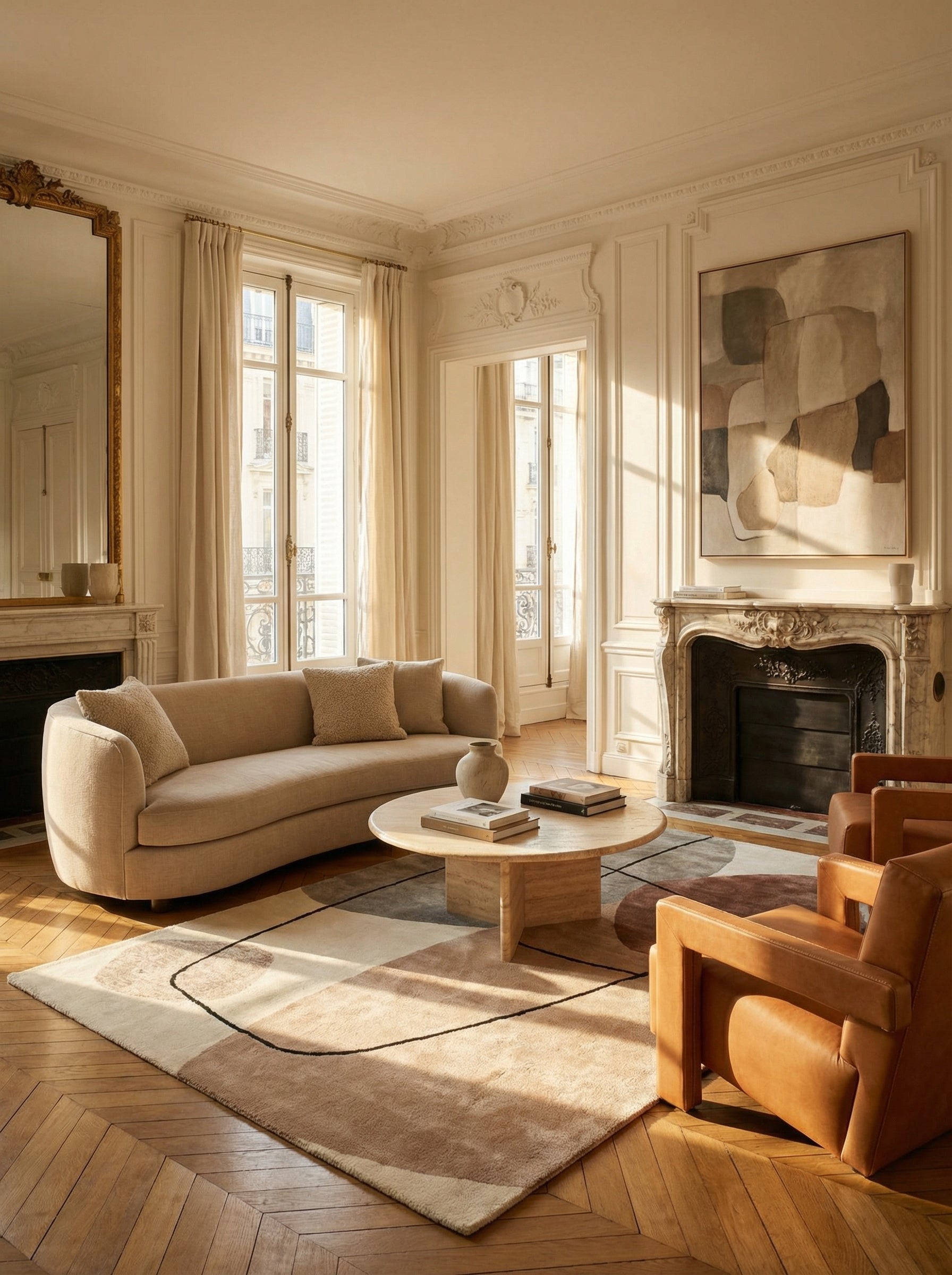 Tapis de type rond, beige terracotta, pièce élégance classique, viscose