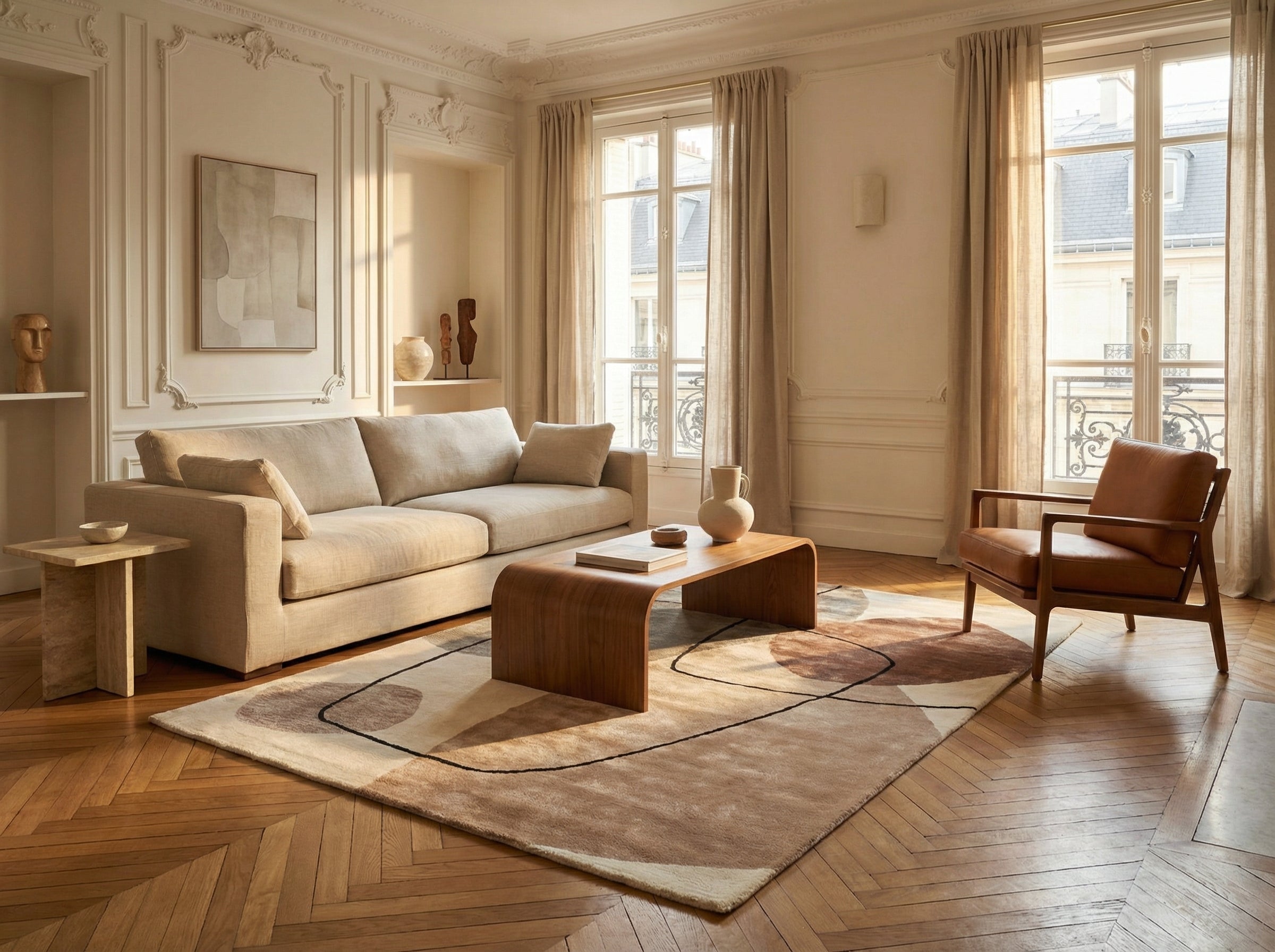Style déco: classique Ambiance: chaleureuse Pièce: salon Tapis: forme ovale, beige terracotta Type tapis: viscose