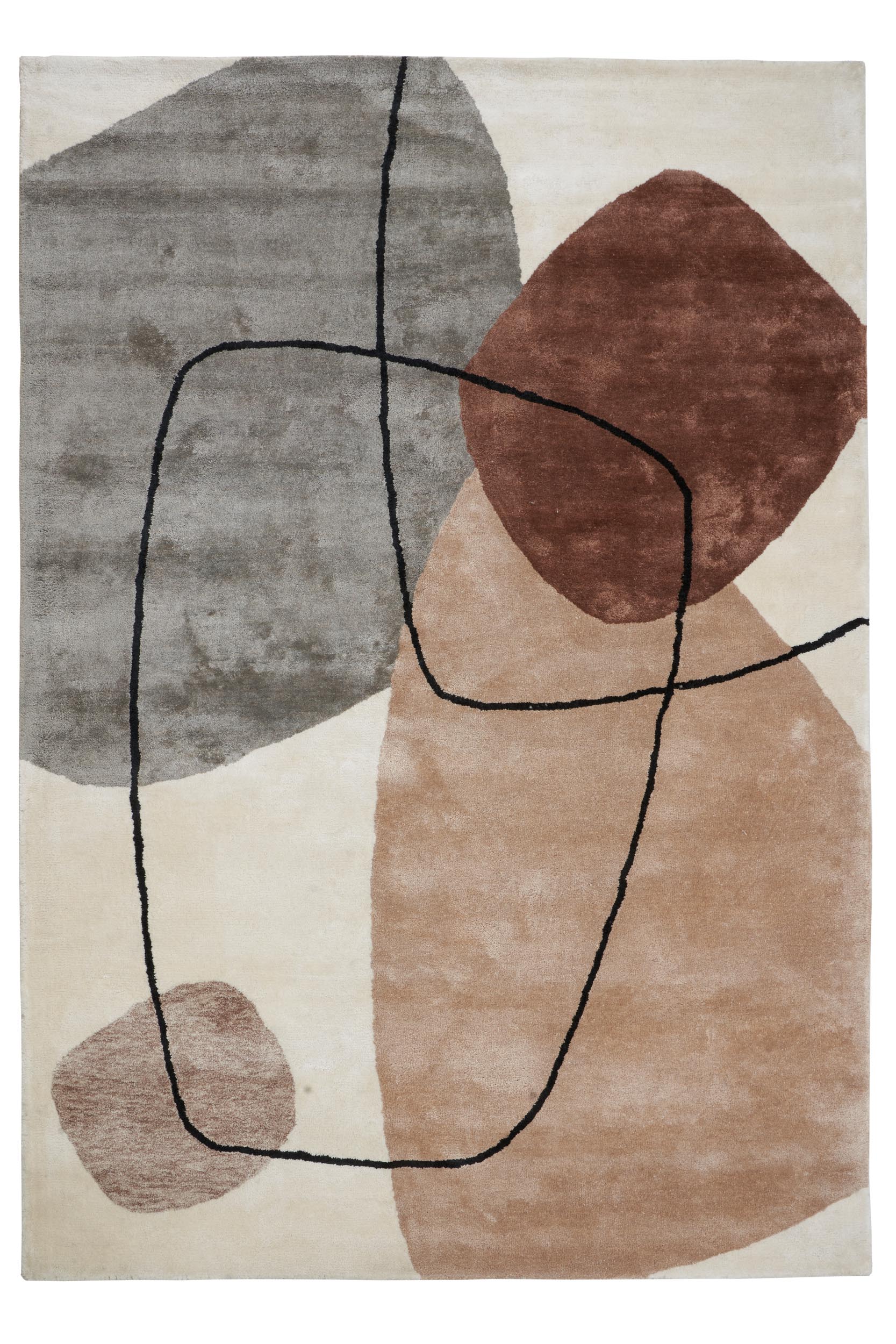 Tapis de type abstrait, motif géométrique. Couleurs beige, marron, gris. Formes ovales et lignes noires. Pièce décorative