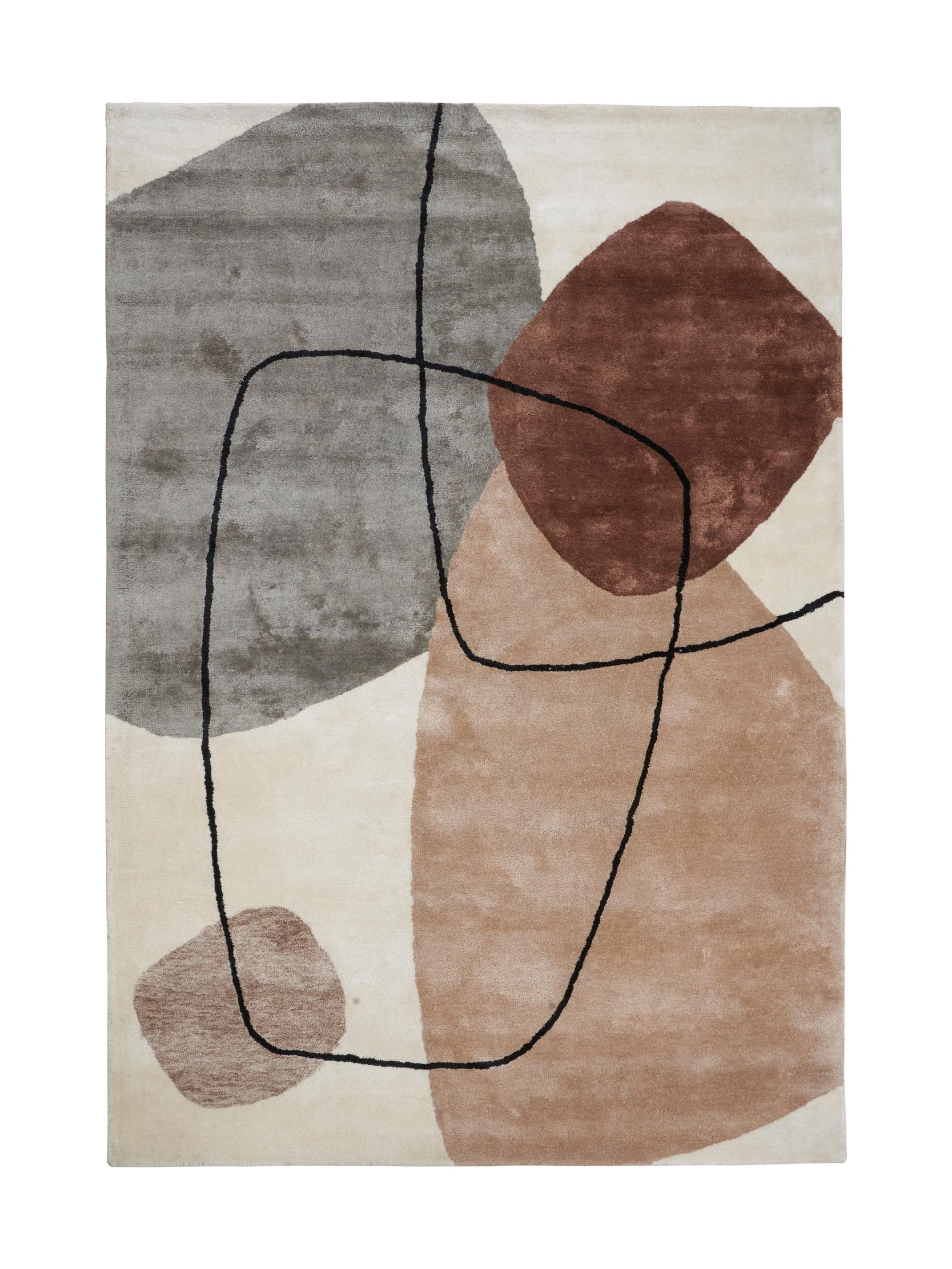 Tapis de type abstrait, motif géométrique. Couleurs beige, marron, gris. Formes ovales et lignes noires. Pièce décorative