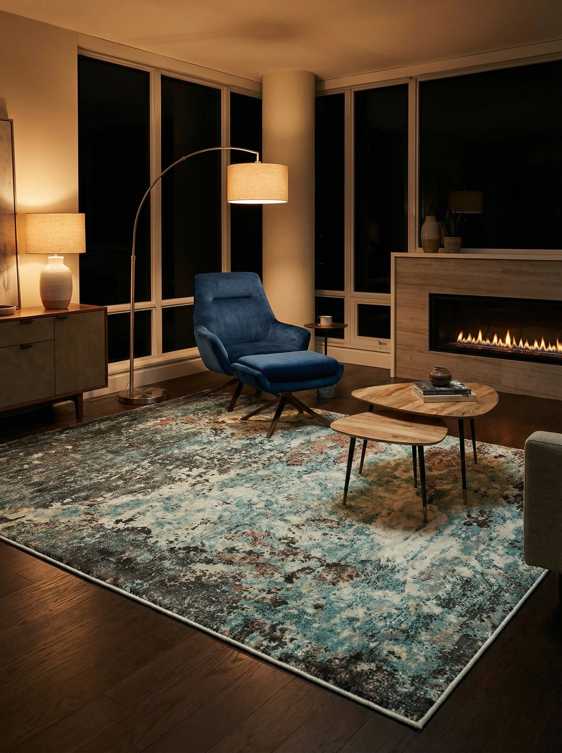 Tapis de type abstrait, couleurs bleues et marron, dans une pièce. Lumière douce, chaleur