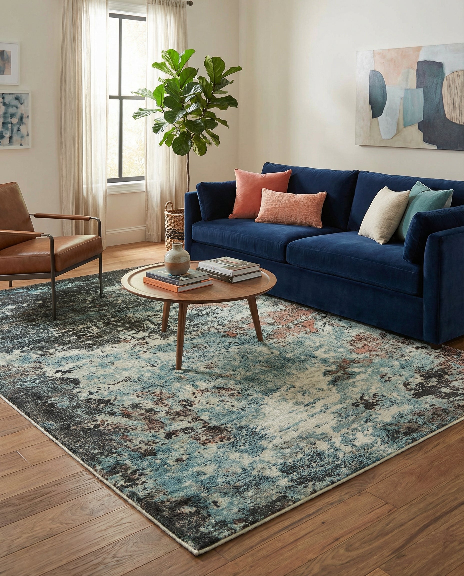 Tapis de type abstrait, couleurs bleues, marron et noir. Pièce harmonieuse, tapis rond/ovale