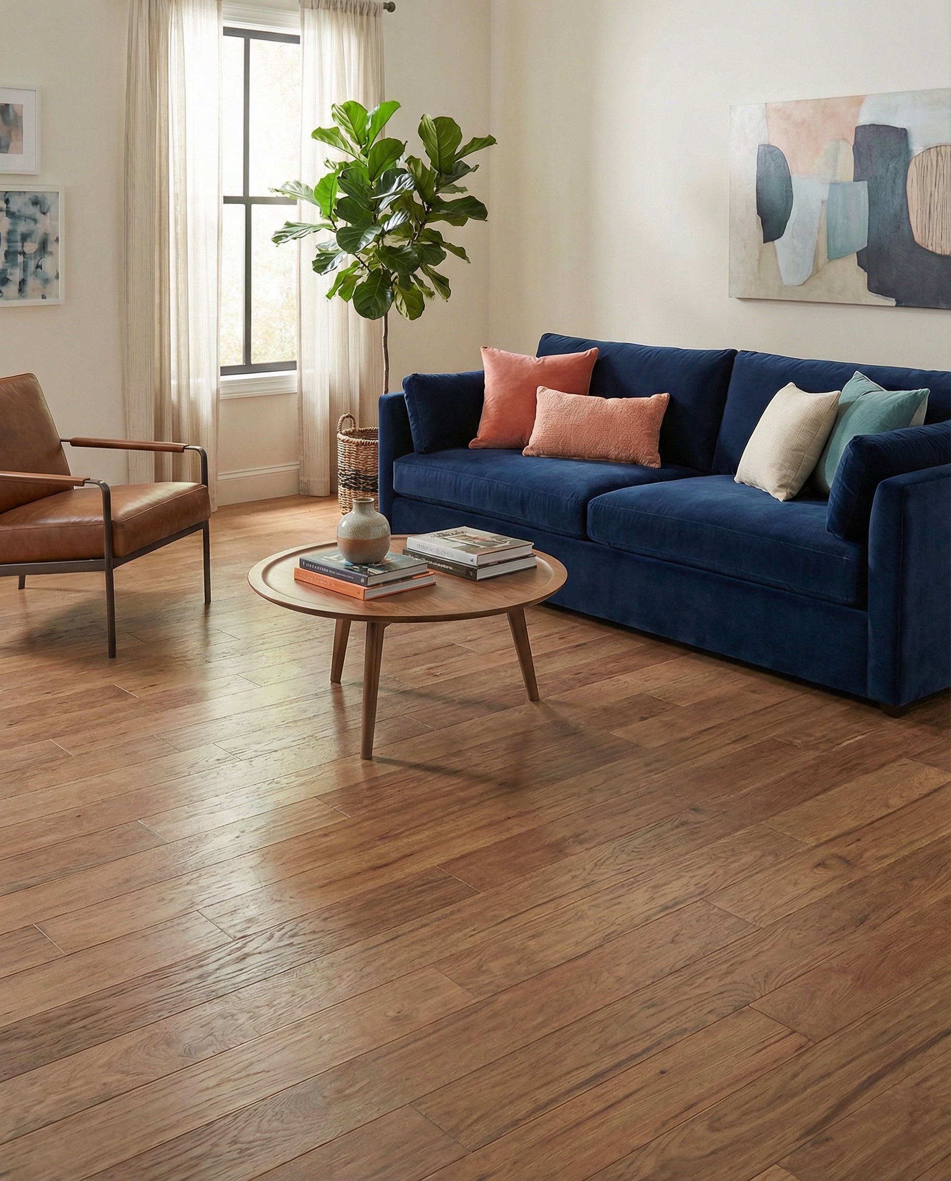 Sol en bois clair. Canapé bleu. Table ronde. Potentiel pour un tapis de couleur dans la pièce