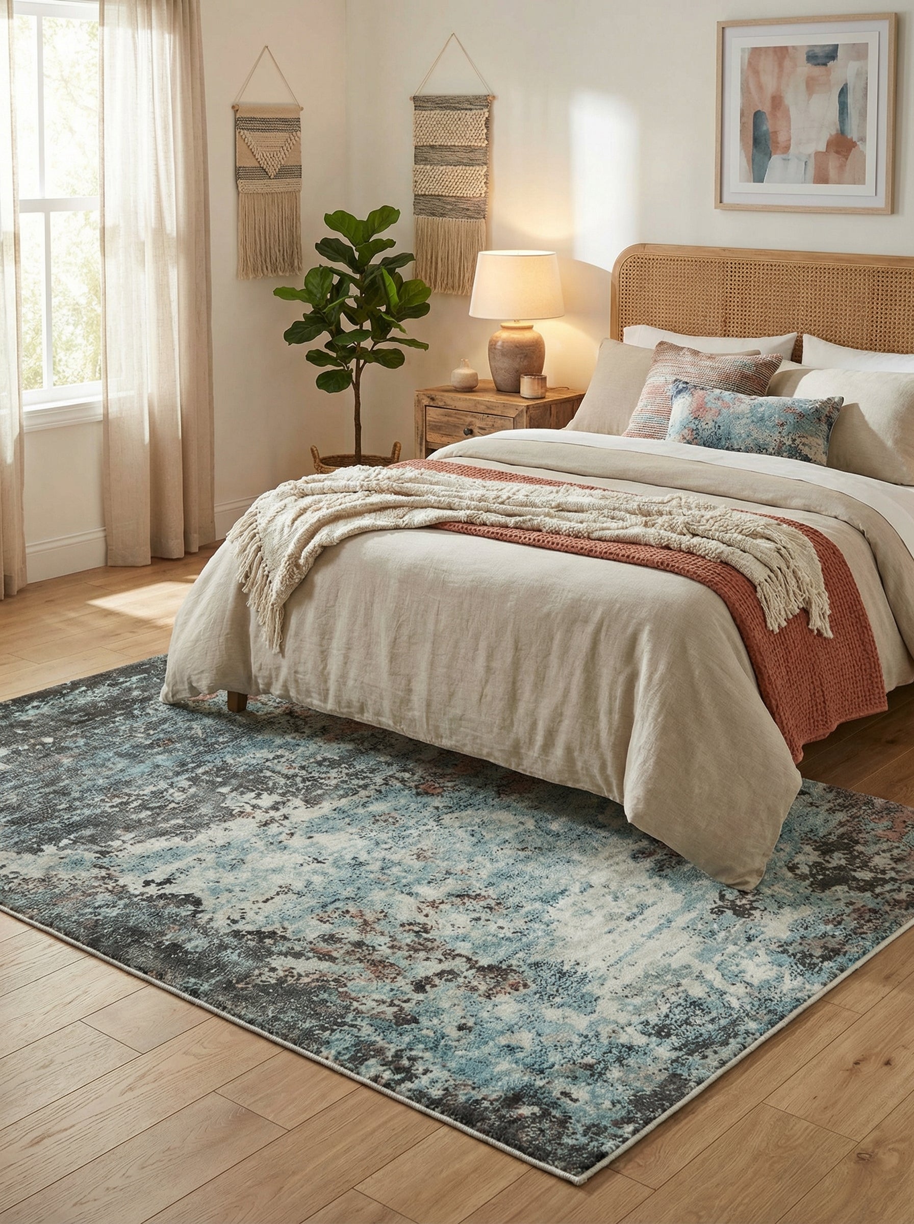 Tapis rectangulaire en viscose dans une chambre, ambiance apaisante. Couleurs: bleu, noir, ambre