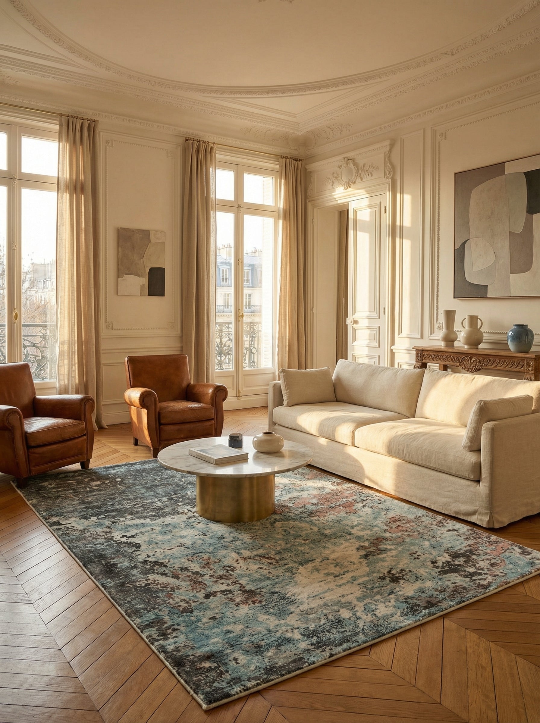 Tapis rectangulaire aux couleurs bleues et marron dans une pièce élégante et classique