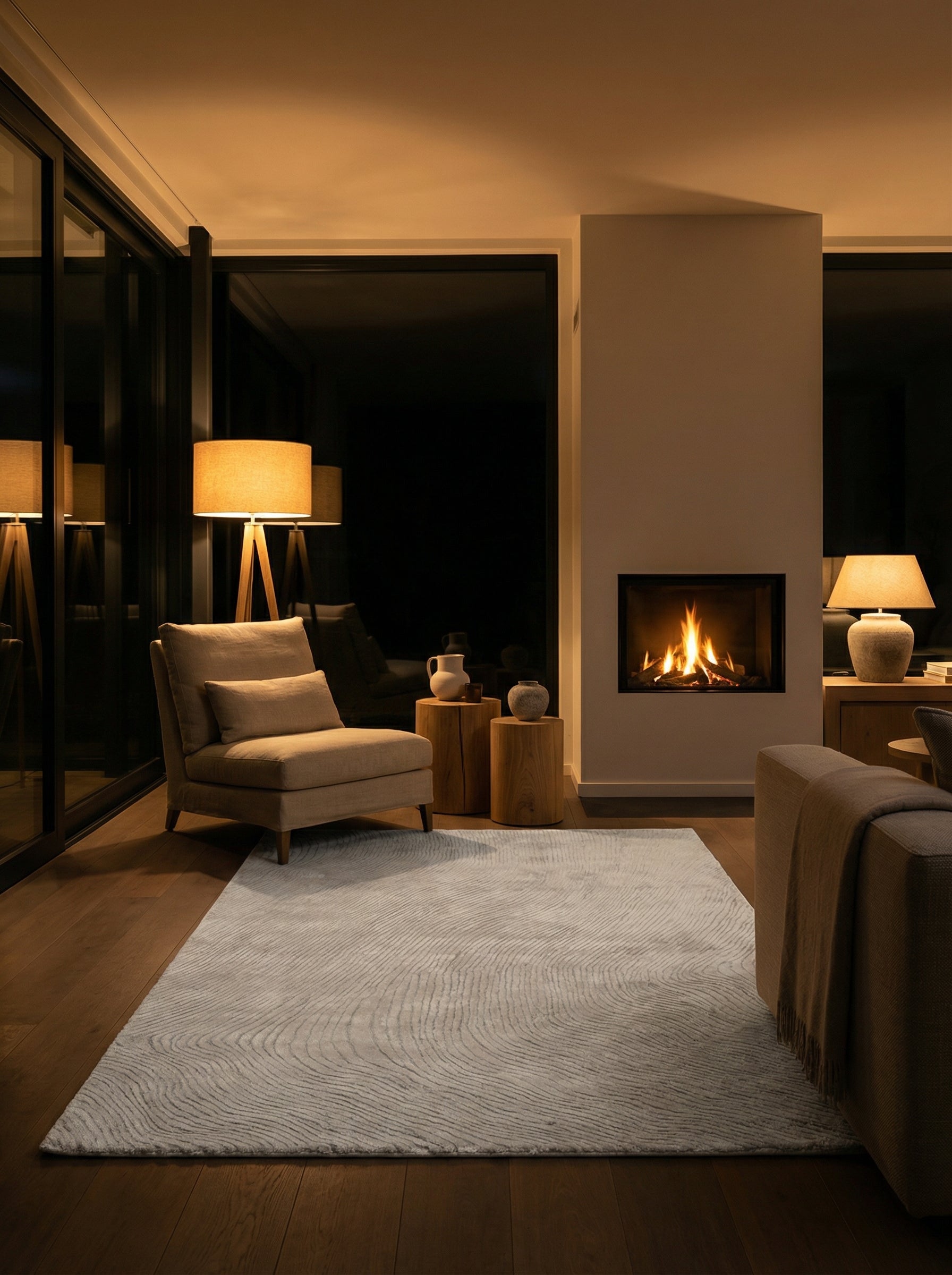 Tapis beige, pièce chaleureuse, lumière douce. Viscose. Soir