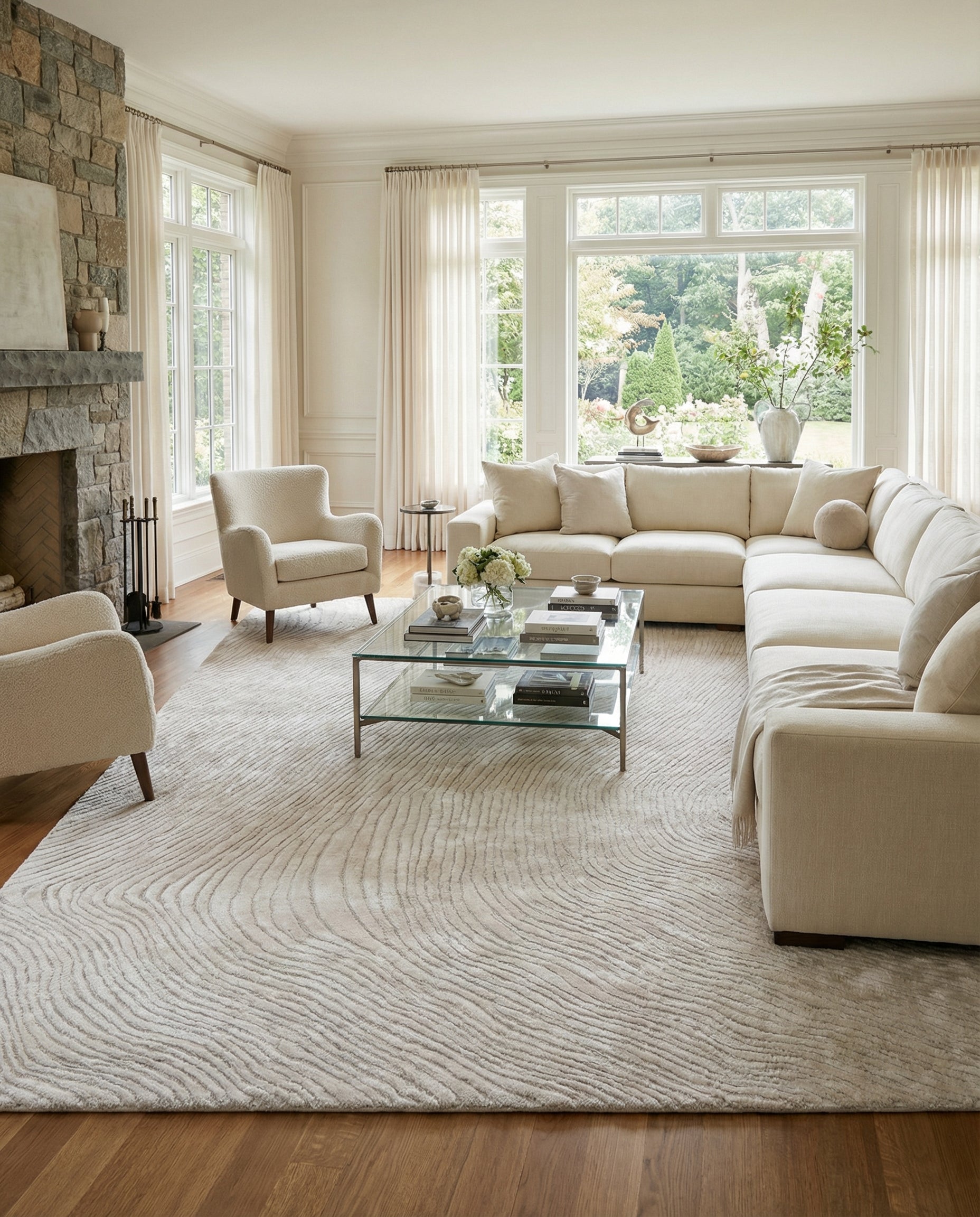 Tapis beige clair, pièce harmonieuse. Motif ondulé, type tapis rond. Viscose