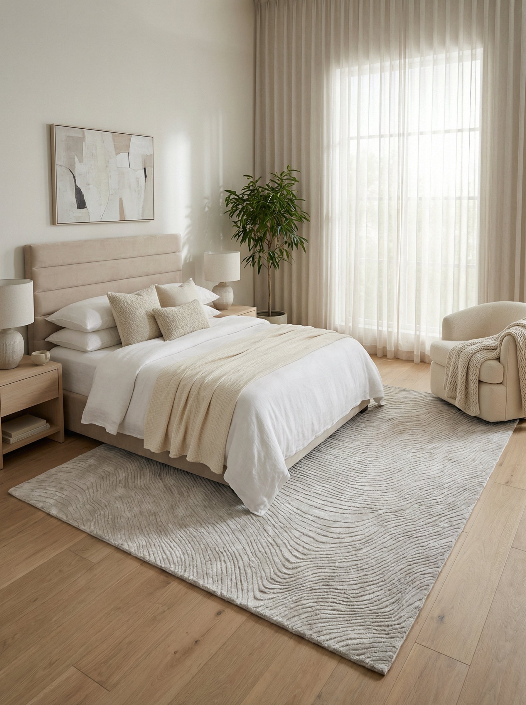 Tapis en viscose beige dans une chambre, ambiance apaisante. Le type de tapis est rectangulaire