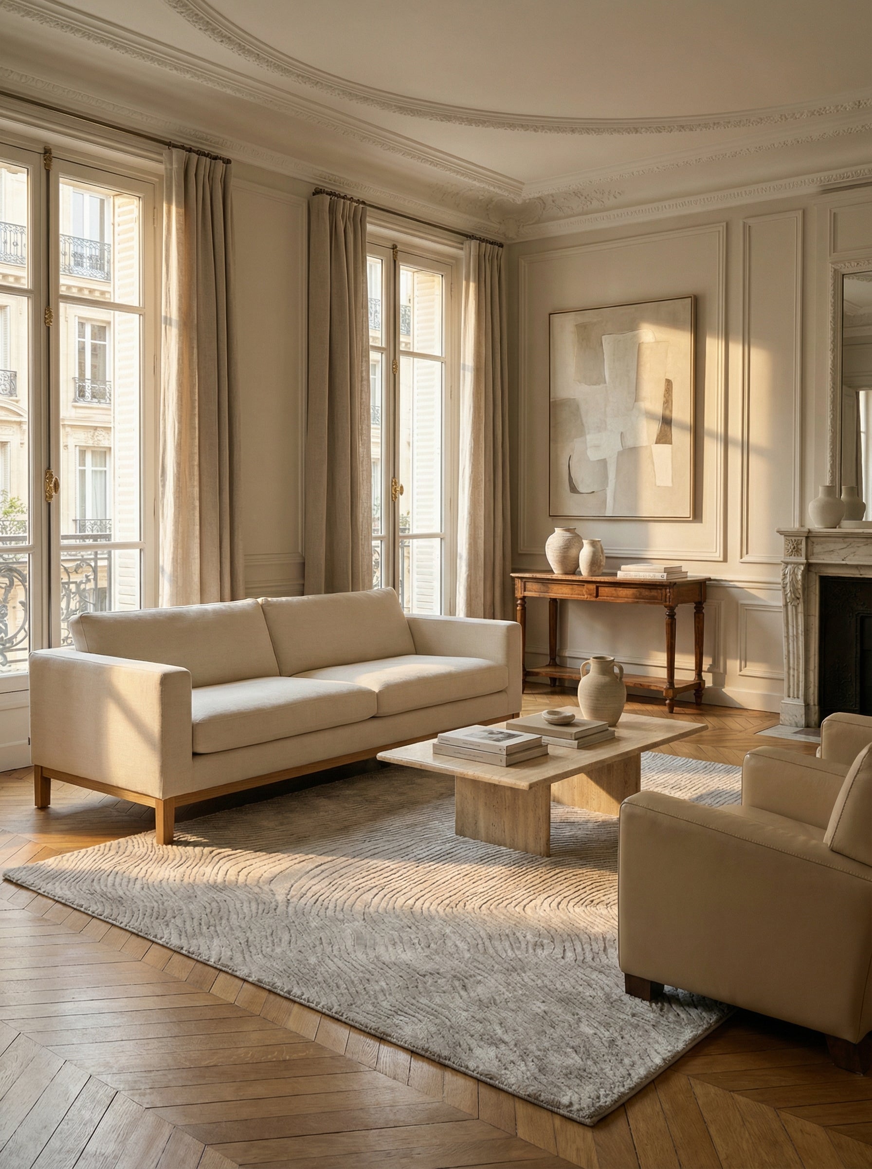 Tapis en viscose beige, pièce élégante, intérieur classique haussmannien