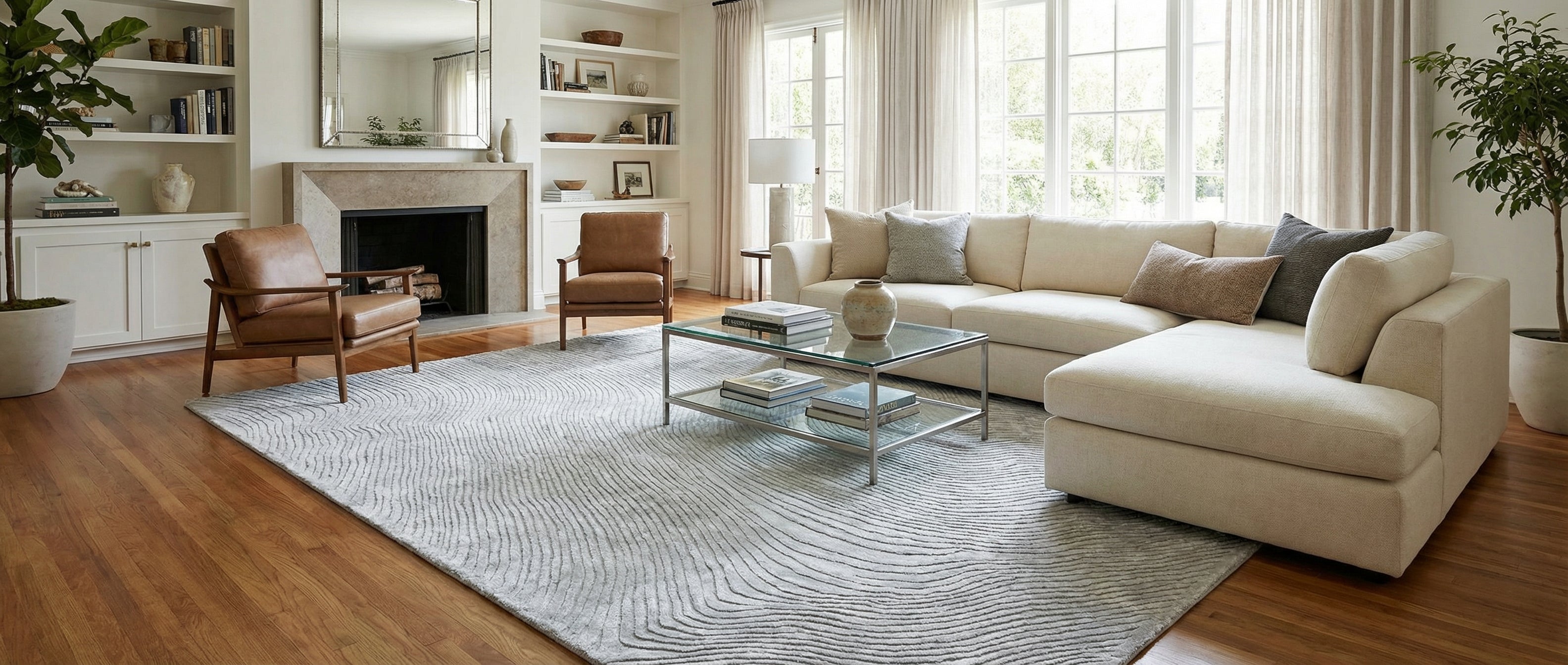 Pièce transformée par le type de tapis, couleur argentée, forme ovale