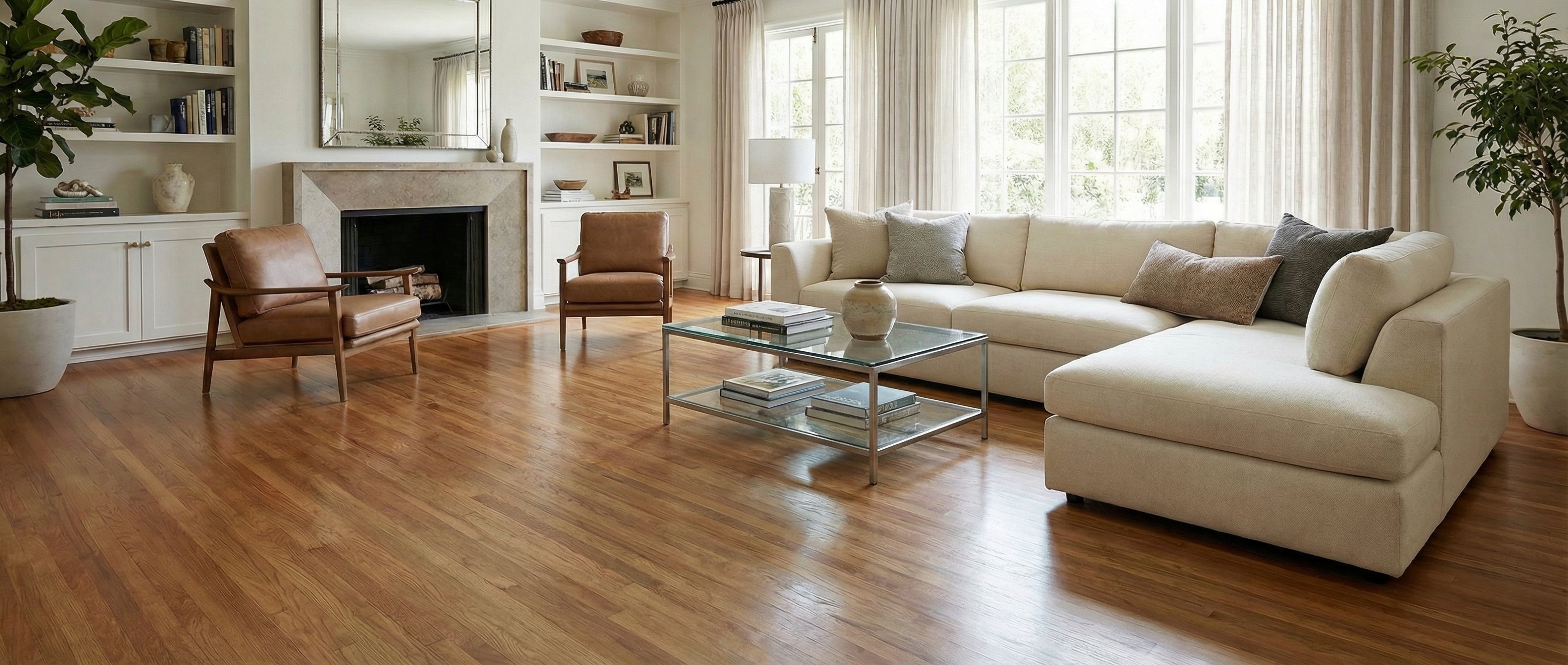 Pièce avec parquet bois clair, canapé beige, fauteuils cuir. Espace à transformer pour un tapis rond