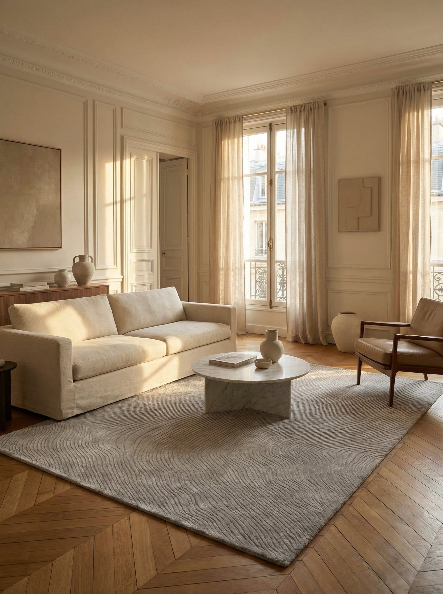 Tapis rectangulaire gris argenté dans un salon classique. Élégance et style se marient dans cette pièce lumineuse