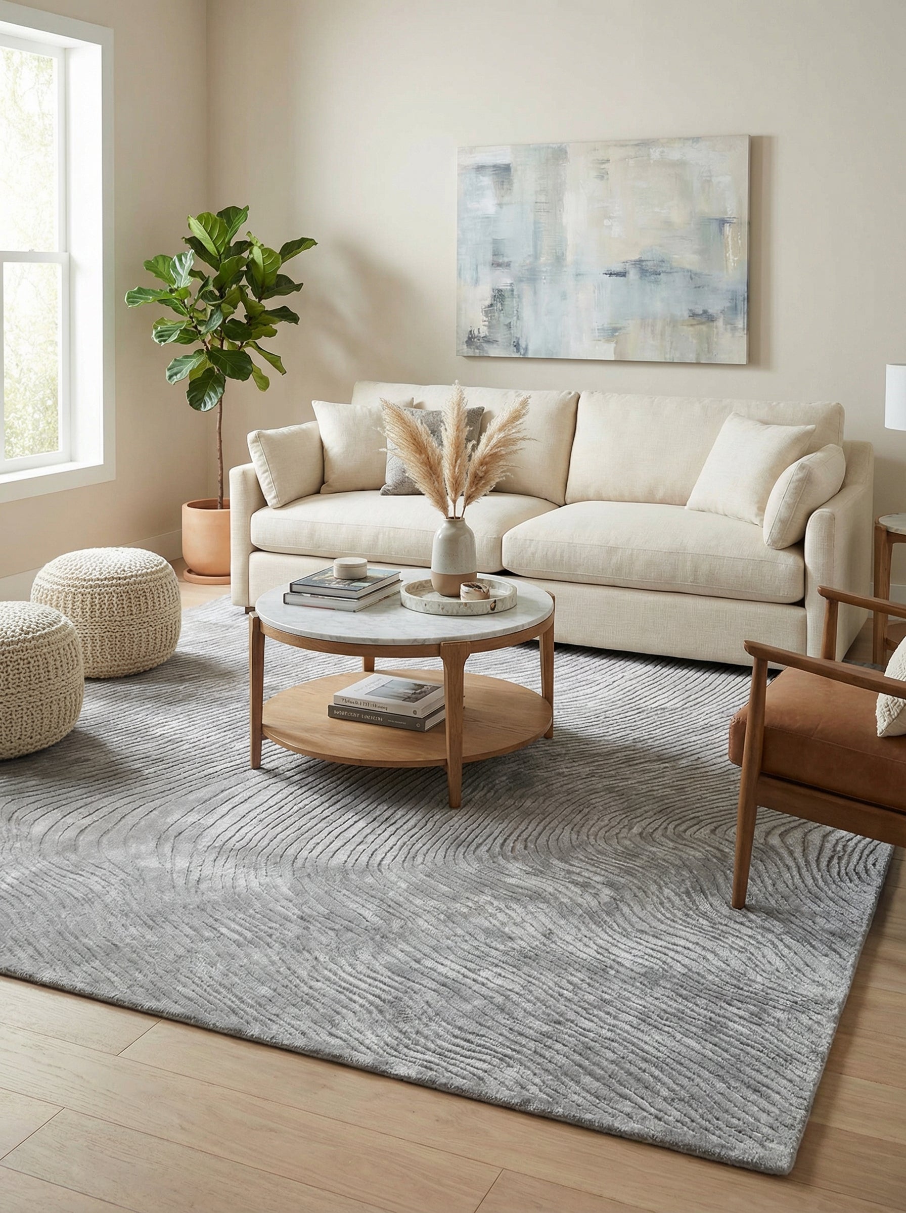 Tapis rectangulaire gris argenté. Design épuré, style contemporain. Ambiance moderne dans le salon