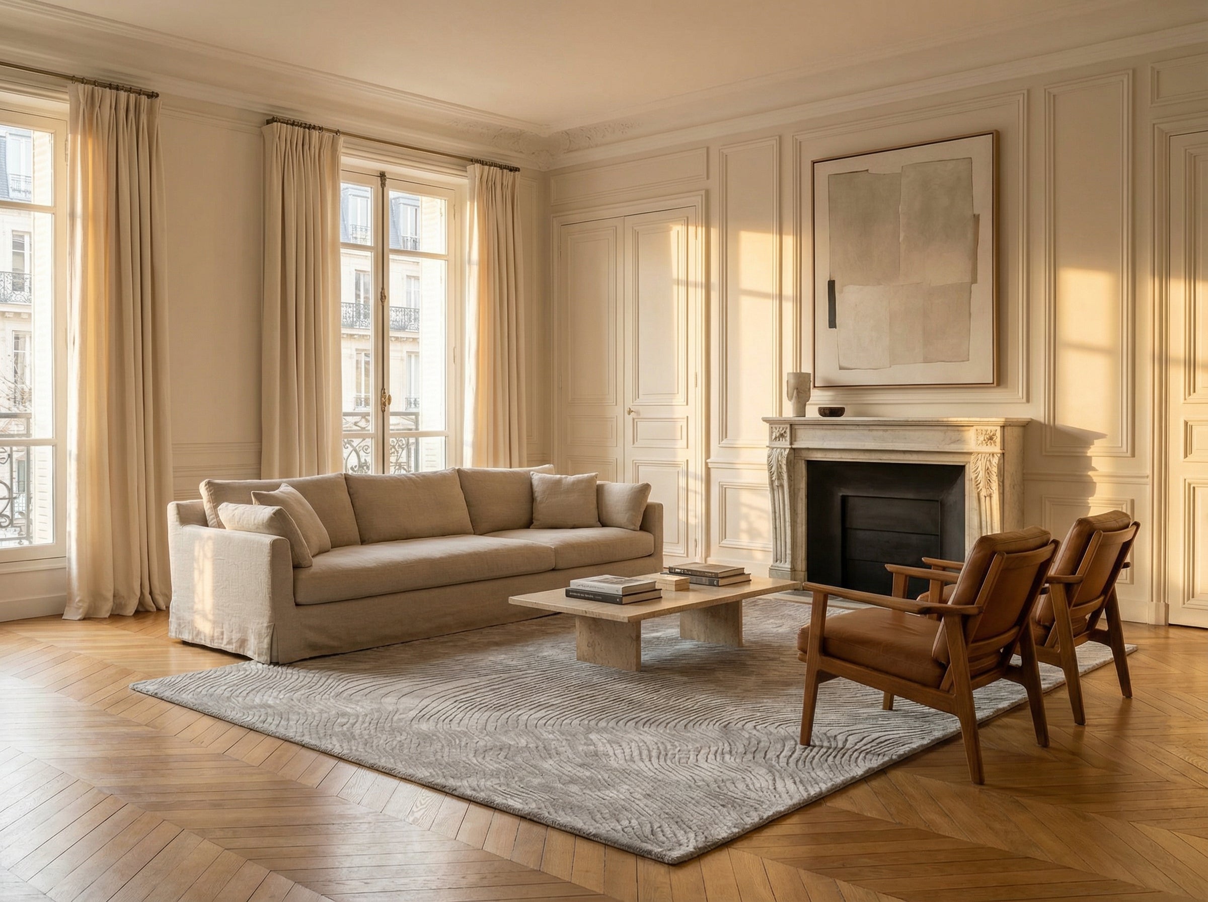 Tapis rectangulaire gris argenté. Pièce lumineuse, style déco épuré. Ambiance chaleureuse et relaxante