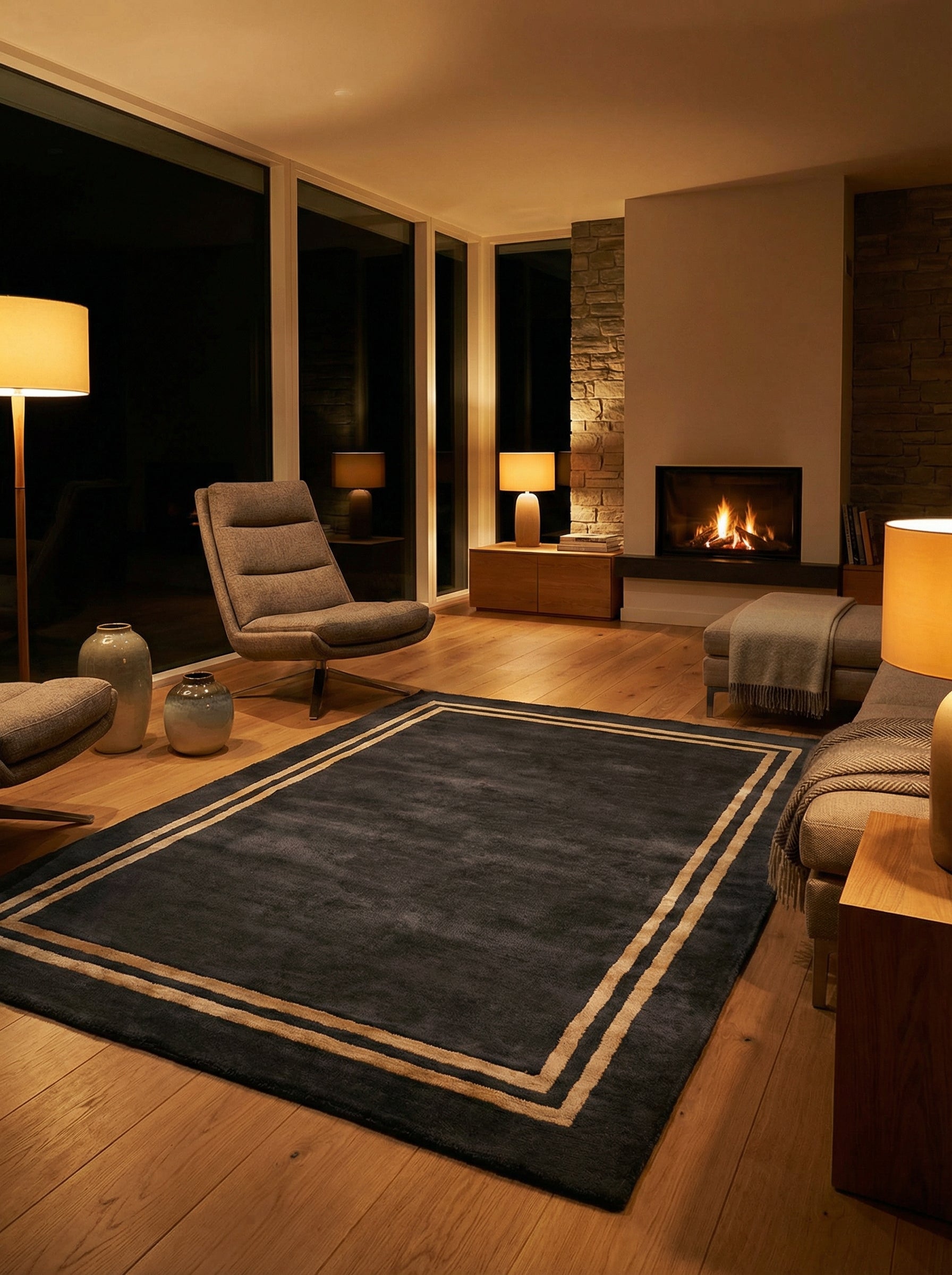 Tapis rectangulaire noir et doré, éclairage chaud, ambiance cosy dans une pièce