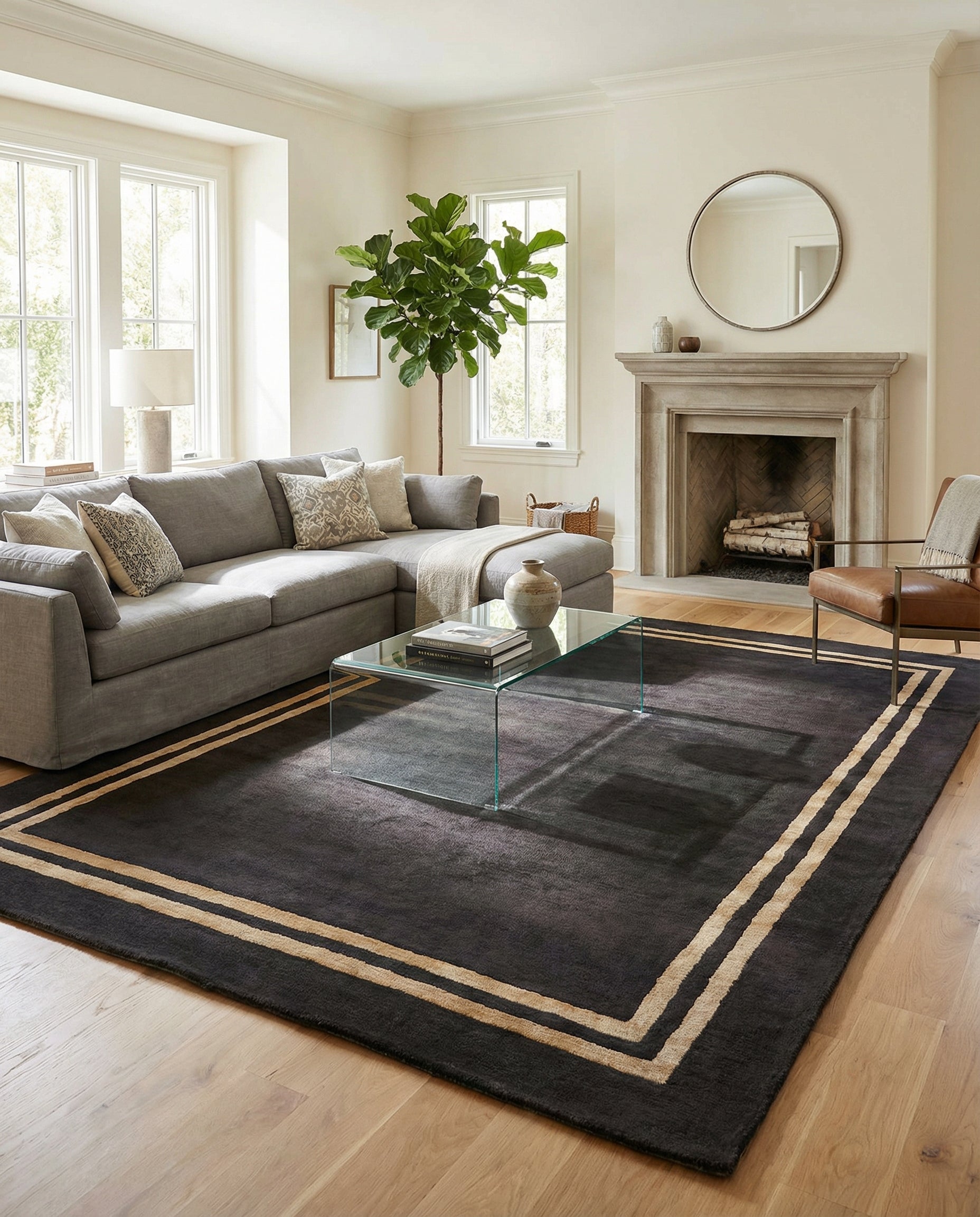 Tapis rectangulaire noir et doré. Pièce lumineuse et accueillante. Le tapis structure et réchauffe l'ambiance