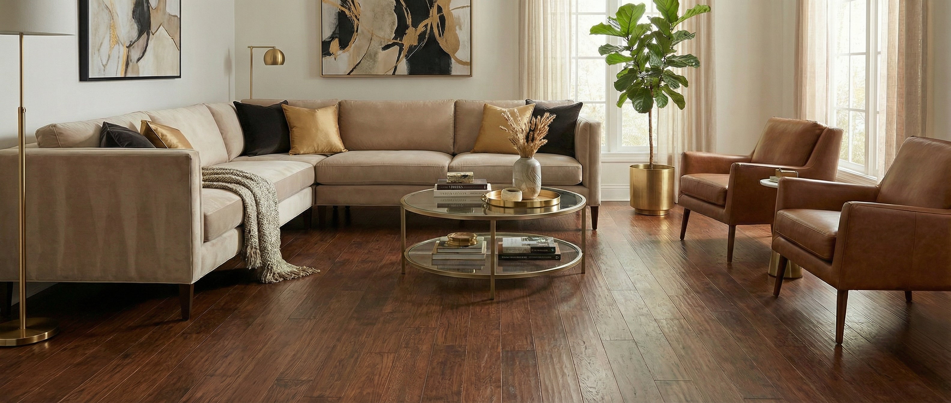 Pièce lumineuse avec plancher brun foncé. Canapé beige, fauteuils en cuir. Table basse ronde dorée. Potentiel déco: tapis