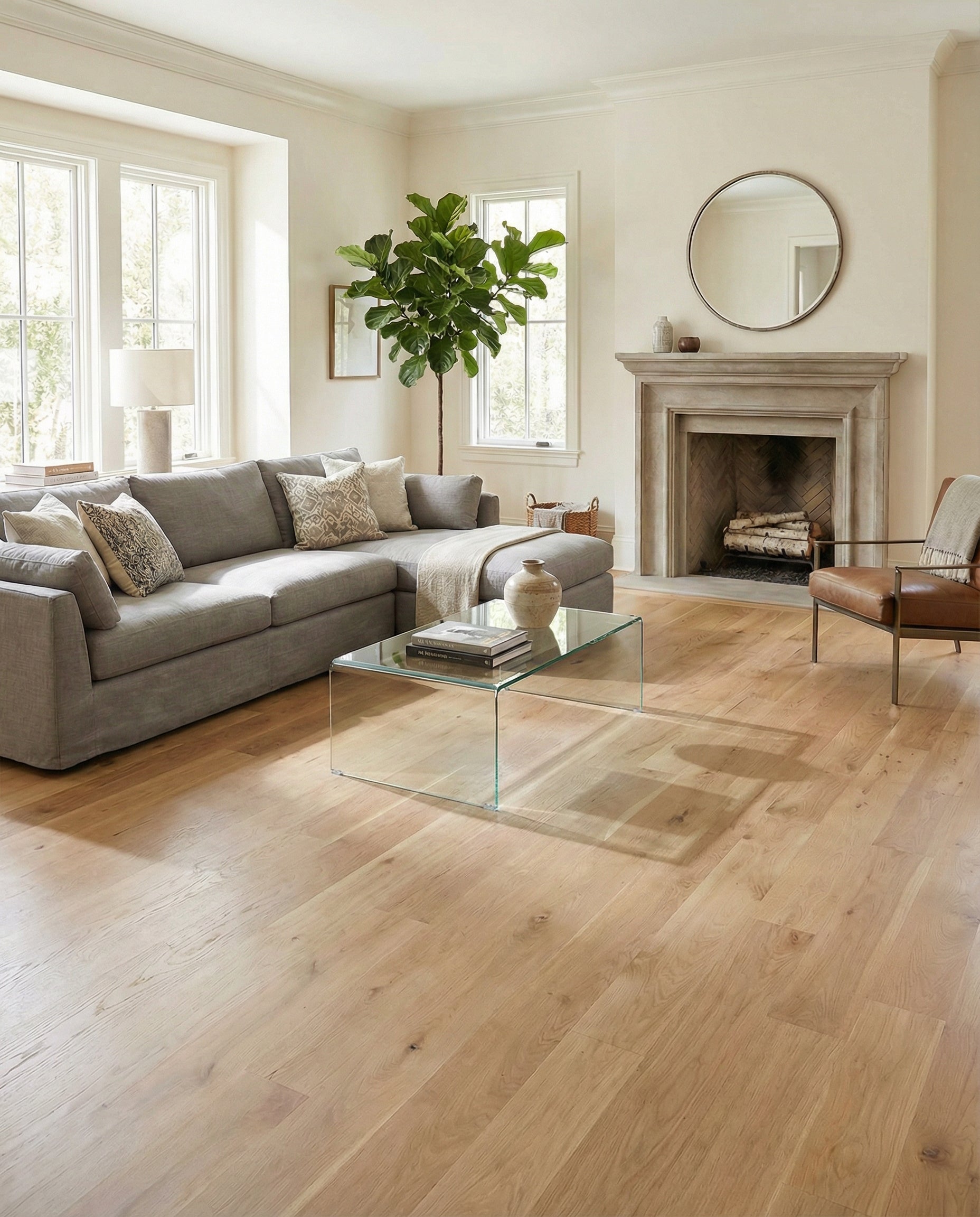 Pièce lumineuse avec plancher en bois clair, canapé gris, cheminée et miroir rond. Espace vide pour un tapis