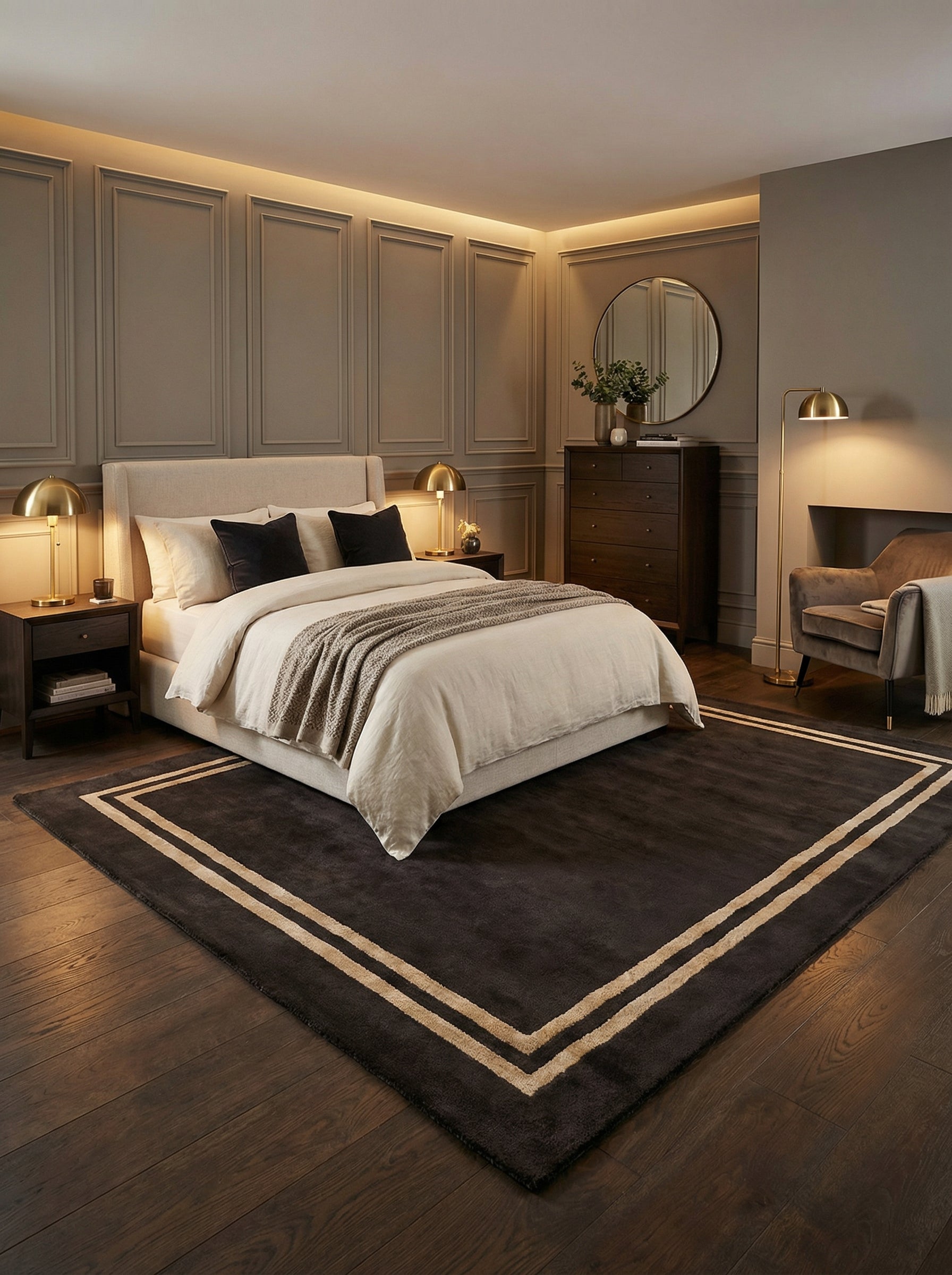 Tapis rectangulaire noir et ambre. Harmonie dans la chambre. Ambiance chaleureuse. Style contemporain