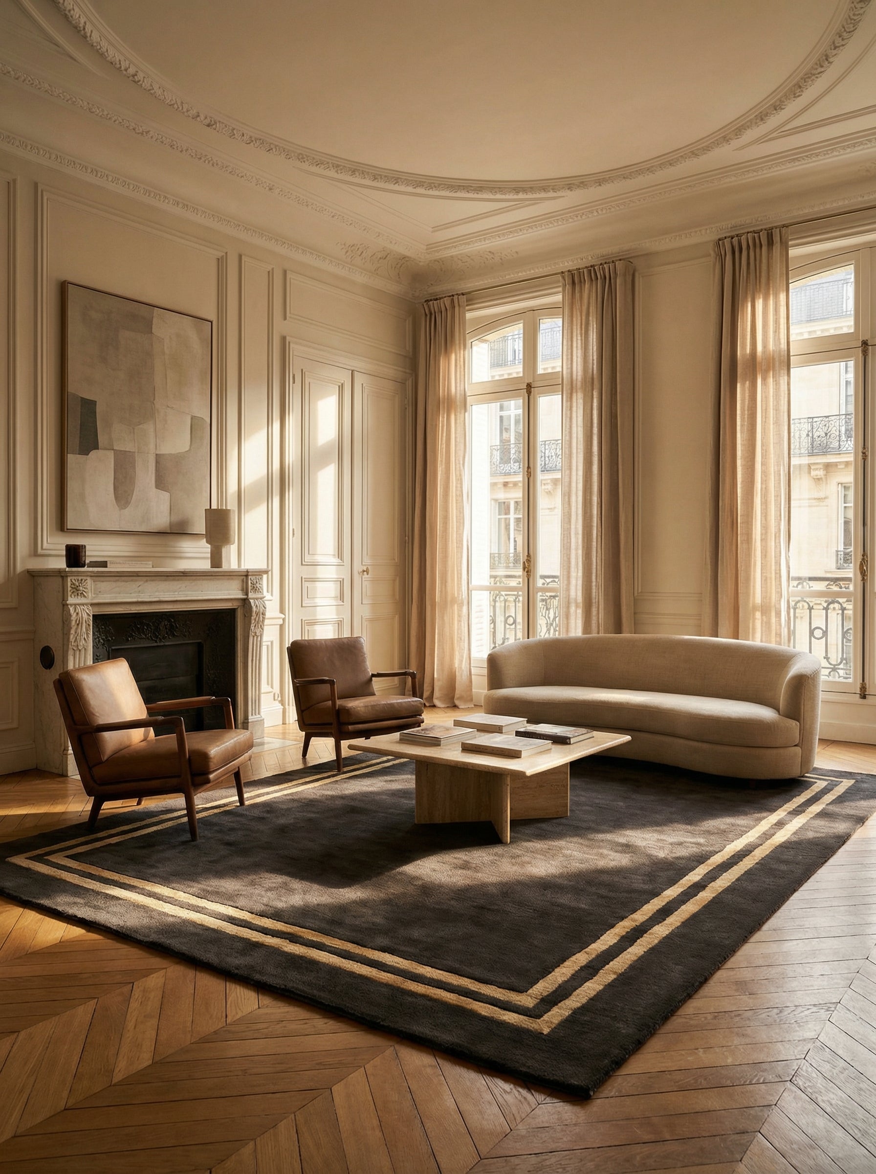 Tapis rectangulaire noir et doré, élégance dans un salon classique. Style intemporel et ambiance chaleureuse