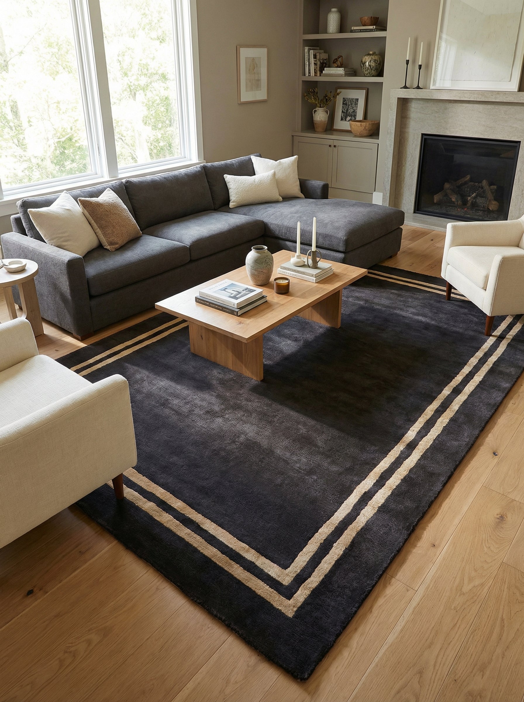 Tapis rectangulaire noir et doré, design épuré, style contemporain, salon